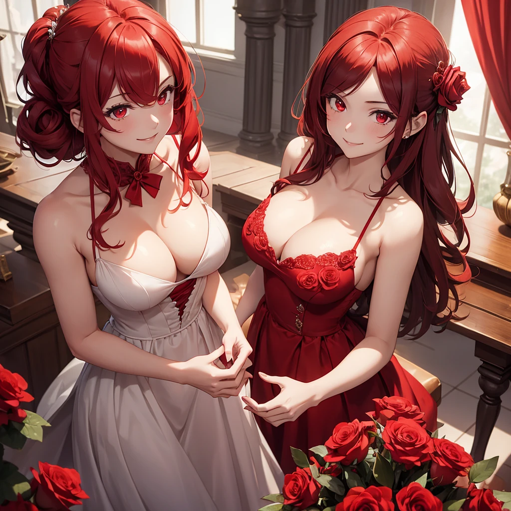 1 girl, in red wedding dress, shinning smile, medium breast, clean cleavage, have red roses in hand, red hair, red eyes, sharp looks, big mansion in background