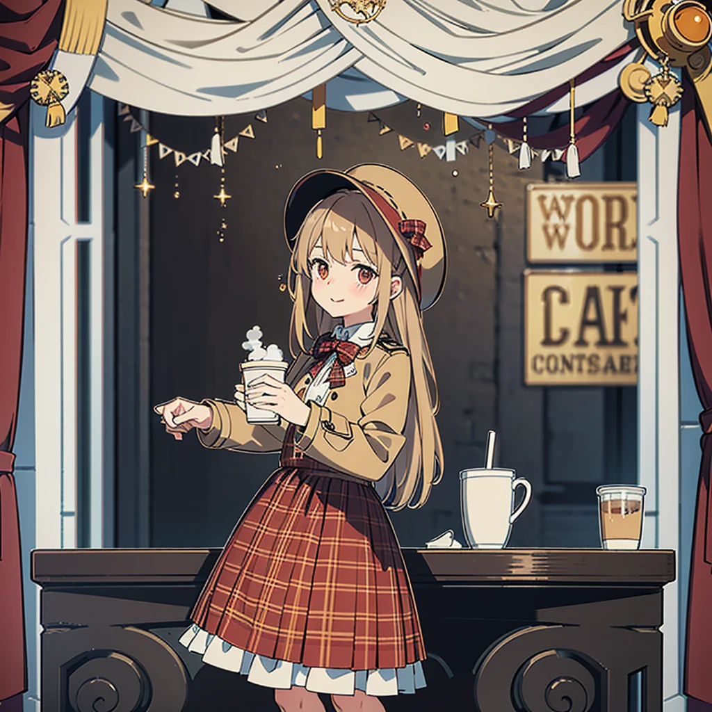1 girl, ventails de outono, bangss, black hat, nblurry background, blush, eyes browns, chestnut hair, brown tissue, brown overskirt, trench coat, café, cowboy shot, Cup, disposable Cup, beverage, ventails que caem, bonnet, containment, containment beverage, ventail, long hair, long sleeves, gazing at viewer, open trench coat, gaping mouth, plaid, plaid overskirt, puffy long sleeves, red sweater, tissue, chemise, chemise tucked in, side locks, overskirt, ssmile, standing alone, sweater, white chemise, extremely detaild, intricate, work of art, absurderes