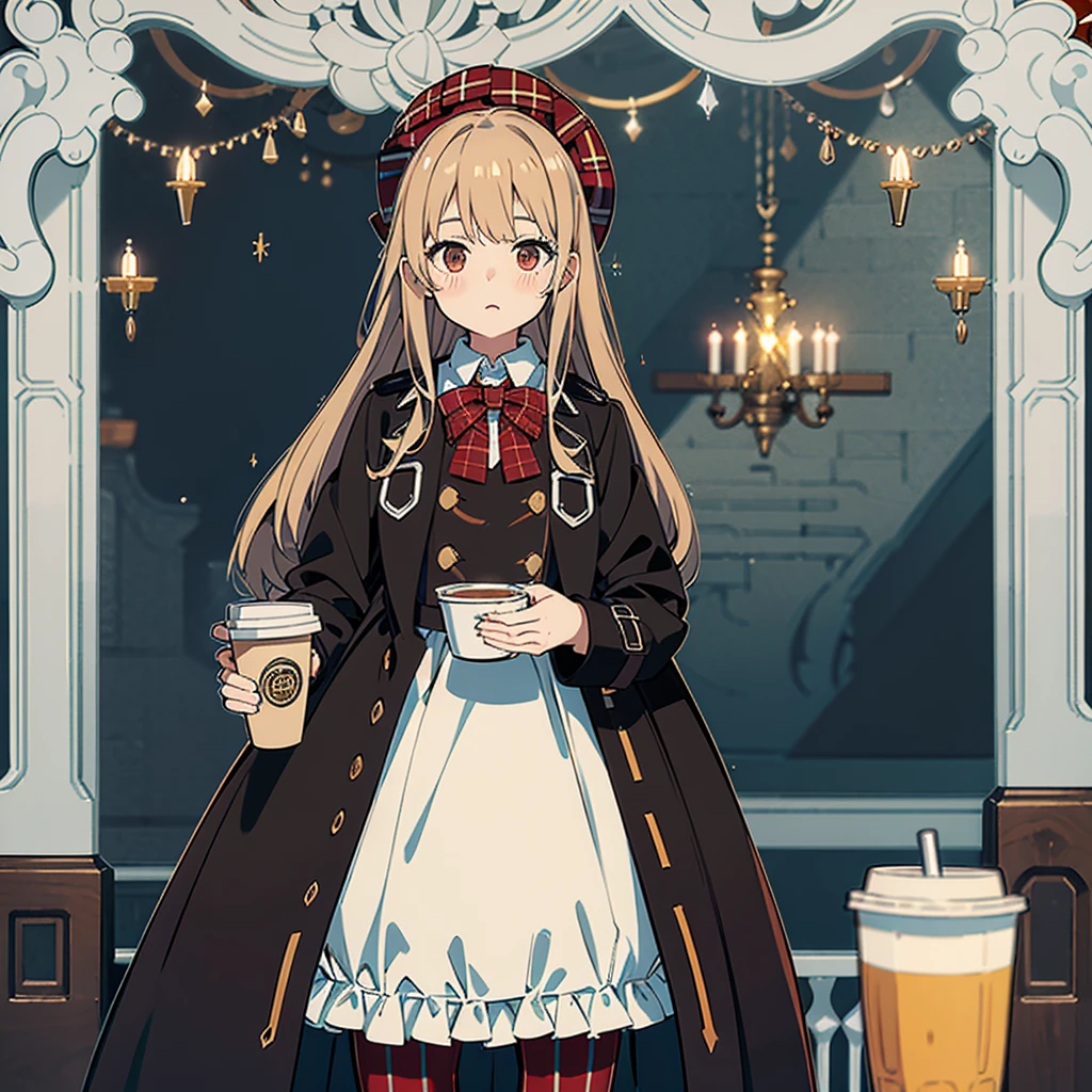 1 girl, ventails de outono, bangss, black hat, nblurry background, blush, eyes browns, chestnut hair, brown tissue, brown overskirt, trench coat, café, cowboy shot, Cup, disposable Cup, beverage, ventails que caem, bonnet, containment, containment beverage, ventail, long hair, long sleeves, gazing at viewer, open trench coat, gaping mouth, plaid, plaid overskirt, puffy long sleeves, red sweater, tissue, chemise, chemise tucked in, side locks, overskirt, ssmile, standing alone, sweater, white chemise, extremely detaild, intricate, work of art, absurderes