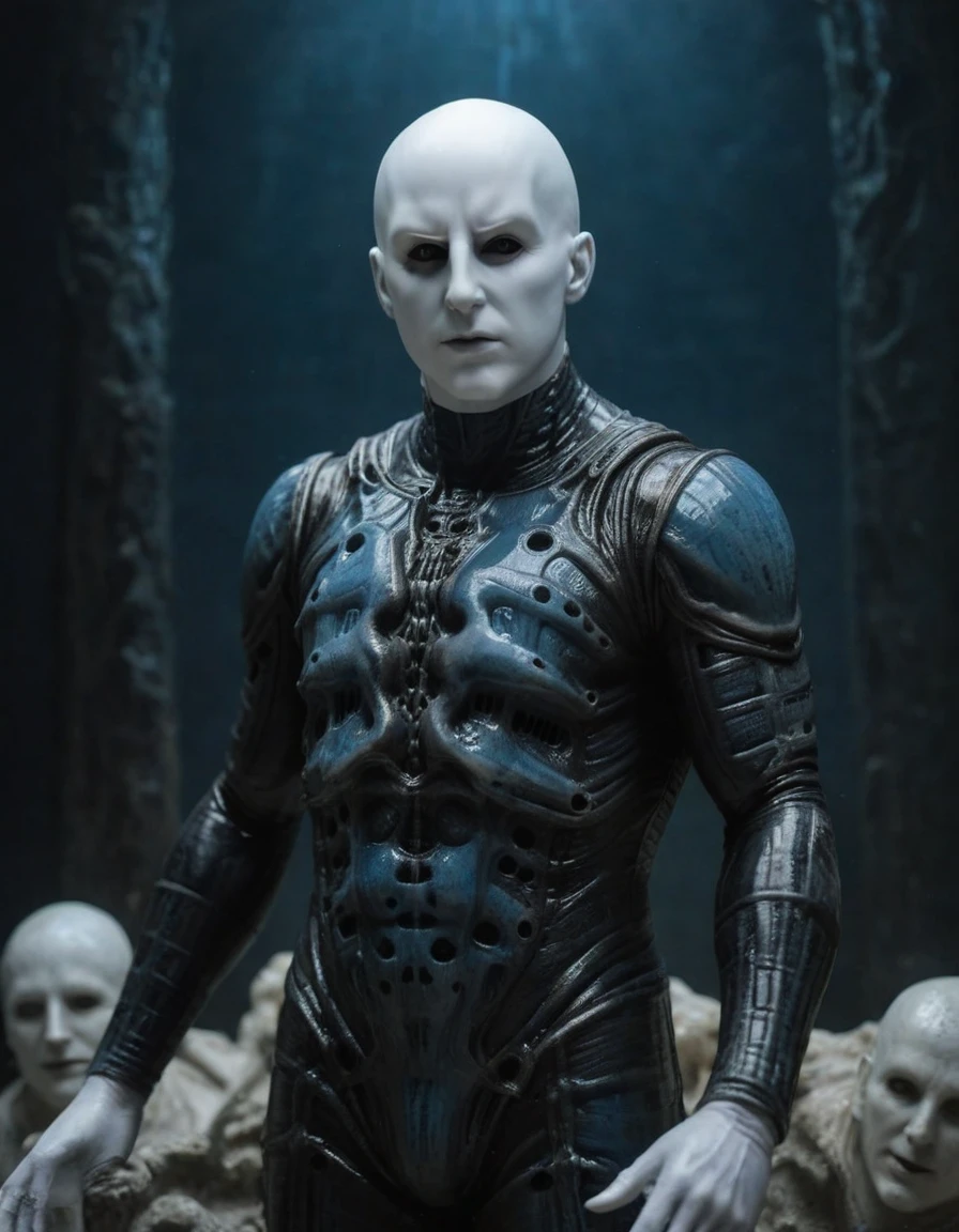 underwater photoshoot, ethereal, dreamlike, fluid, blue tinted comic artwork, arafed man in a black costume with a white face and a white mask, a statue inspired by nadir afonso, trending on zbrush central, new sculpture, pinhead from hellraiser, face of an armored villian, stranger things vecna, crosshatching, 2d, sharp, detailed, hd, hdr, high quality, high resolution, masterpiece