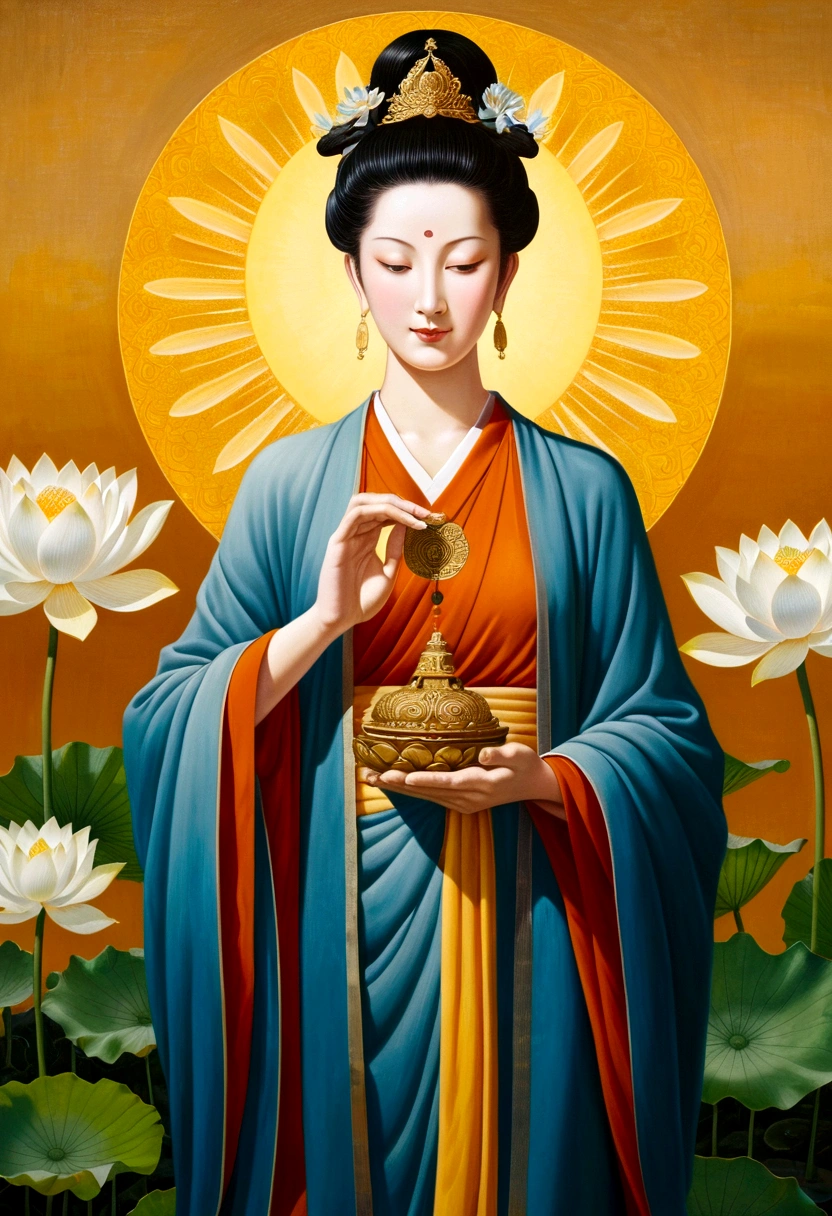 "Highly detailed 8K RAW photos of unparalleled quality, Capture Kannon (Kannon Bodhisattva), Embodying compassion, Front-facing, Human-like shape. Emphasise her direct gaze at the viewer, A gentle smile conveys warmth, And emphasize that she is holding a shakujo. (Monk's staff) In her right hand. He wears clothing that symbolizes his role as an intermediary between the divine and human realms., She stands against the backdrop of a vibrant lotus flower field at golden hour., Each flower symbolizes purity and enlightenment.. This ultra-realistic masterpiece, Has a deep sense of peace, Promotes deep reflection and spiritual connection."