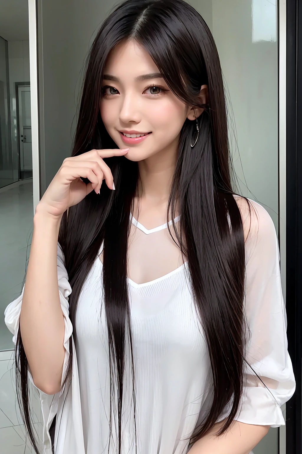 24-year-old female、Hair color is black、The eye color is dark brown、Super long hair、Straight hair、A slender but well-proportioned muscular woman、Laughter、I&#39;Wearing a necklace、Wrist Accessories、Wearing transparent tops、I'm wearing high heels、Wear light pants、Laughter、wear a lace choker、I&#39;m in a marble building、Too beautiful hair、shiny hair、Beautiful hair illuminated by the morning sun、White tank top、Large, slanted eyes、Cat face、Super long hairー、hair illuminated by light、Thigh-length hair