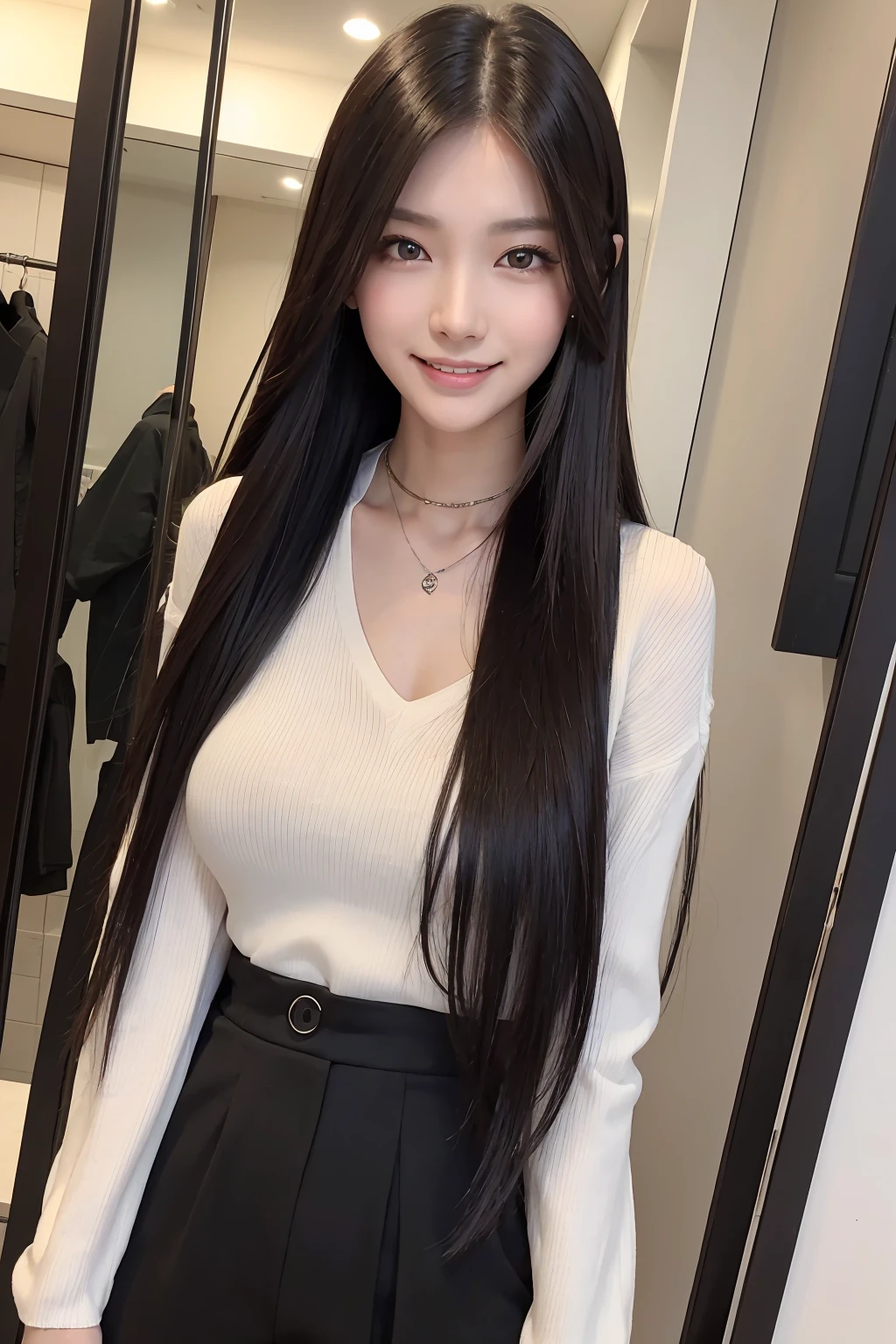 24-year-old female、Hair color is black、The eye color is dark brown、Super long hair、Straight hair、A slender but well-proportioned muscular woman、Laughter、I'Wearing a necklace、Wrist Accessories、Wearing transparent tops、I'm wearing high heels、Wear light pants、Laughter、wear a lace choker、I'm in a marble building、Too beautiful hair、shiny hair、Beautiful hair illuminated by the morning sun、White tank top、Large, slanted eyes、Cat face、Super long hairー、hair illuminated by light、Thigh-length hair