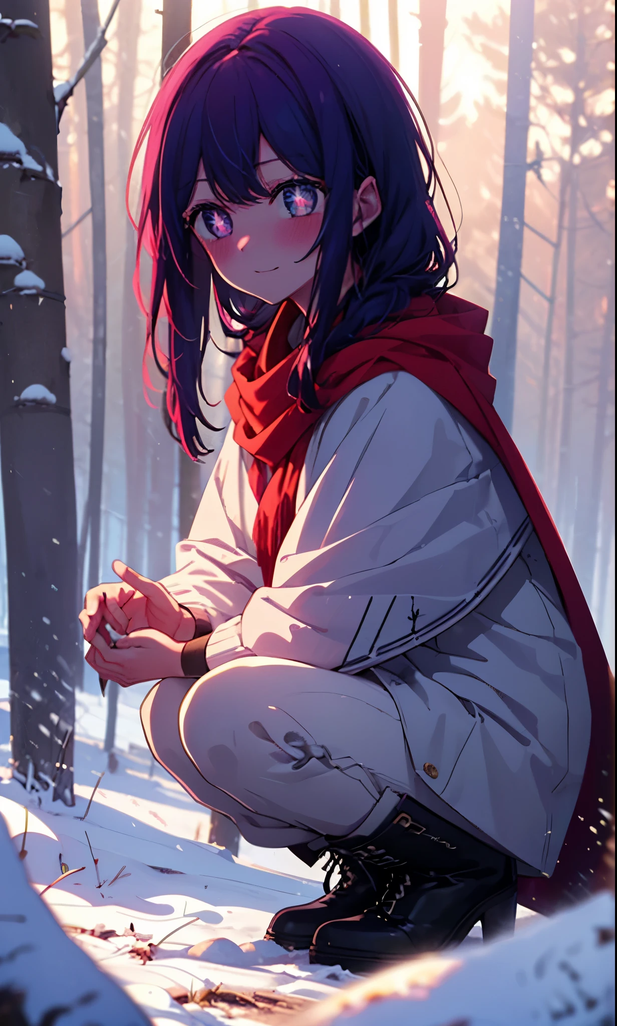 aihoshino, Ai Hoshino, Long Hair, bangs, (Purple eyes:1.1), Purple Hair, (Symbol-shaped pupil:1.5), smile,,smile,blush,White Breath,
Open your mouth,snow,Ground bonfire, Outdoor, boots, snowing, From the side, wood, suitcase, Cape, Blurred, , forest, White handbag, nature,  Squat, Mouth closed, Cape, winter, Written boundary depth, Black shoes, red Cape break looking at viewer, Upper Body, whole body, break Outdoor, forest, nature, break (masterpiece:1.2), Highest quality, High resolution, unity 8k wallpaper, (shape:0.8), (Beautiful and beautiful eyes:1.6), Highly detailed face, Perfect lighting, Extremely detailed CG, (Perfect hands, Perfect Anatomy),