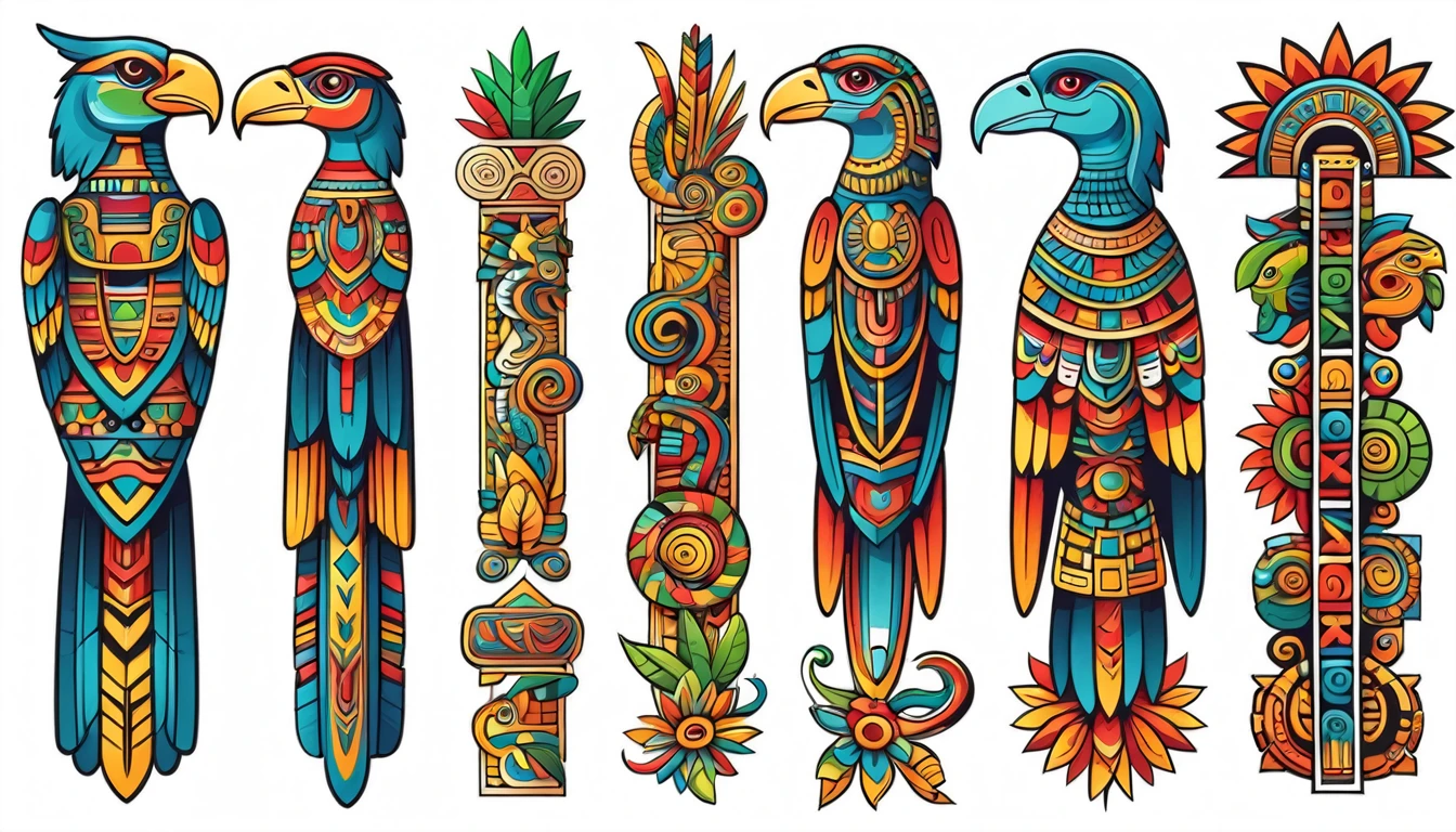 Mayan aztec totems, ancient mexican birds, animals. Mayan aztec totems of ancient mexican eagle bird, monkey, snake and Inca god face vector symbols. Isolated tribal sun, turtle, chameleon lizard, crocodile and crow with color ethnic pattern of Maya White background