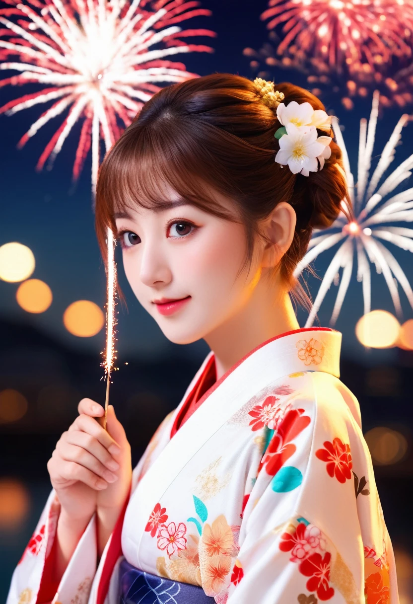 ((Highest quality, 8K, masterpiece: 1.3)),RAW Photos,Realistic atmosphere,Lens flare, Ray Tracing,Detailed beautiful white skin,Beautiful Japanese, Big eyes、The beauty of a Japanese idol、Beautiful double eyelids、High-resolution face,shiny light brown hair,Bun Hair,Red and gold hair ornament,(Watching the fireworks wearing a floral yukata:1.2),Huge fireworks,(White yukata with sleeves:1.2),((Wrinkled Heko Obi:1.3)),((Looking back with an innocent smile:1.3)),Blurred grand fireworks,(Many colorful fireworks:1.2)Star Mine,Fireworks across the sky,Large fireworks