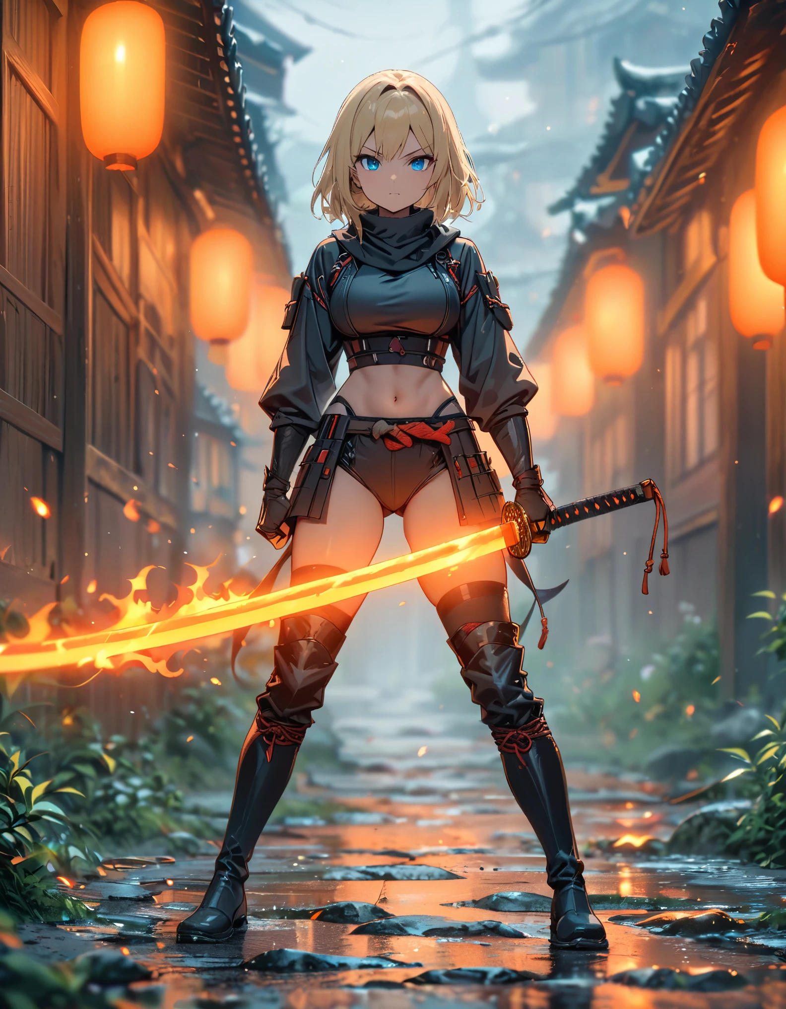 masterpiece, best quality, 1girl, blonde_hair, blue_eyes, boots,  long white overcloat, breasts, clenched hand, clenched hands, crop top, full body, gloves, knee boots, medium hair, medium breasts, midriff, navel, bob hair, solo, standing, thighhighs, turtleneck, black leotard, ninja, (holding a samurai sword, katana, glowing sword), burning japanese village backdrop, danger atmosphere, grim, stance, full body with costume