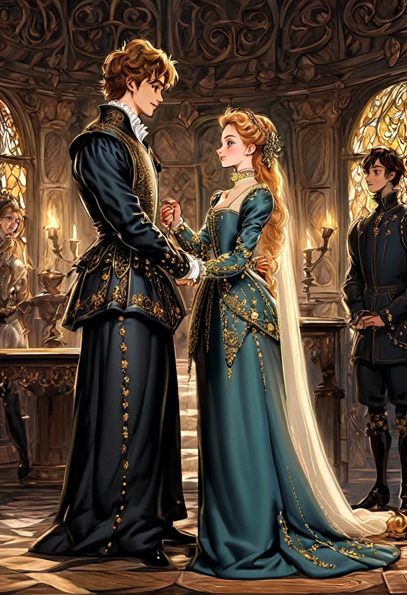 Lily Collins, who has curly black hair, wears a medieval dress. the Neels Visser wears a medieval military outfit and has blonde hair. The couple is waltzing in the ballroom. The illustration is like a book cover with a detailed, bright, illuminated, ultra detailed background, concept art, elegant, art by Justin Gerard