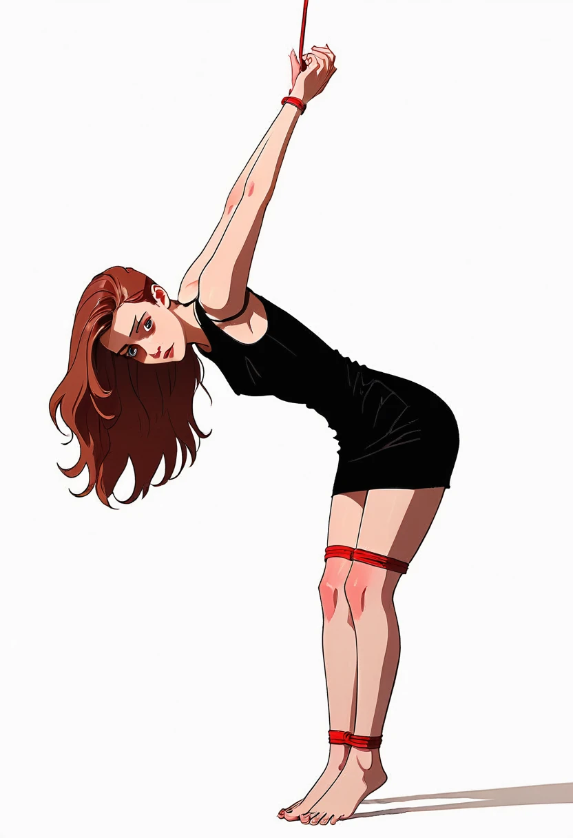 (graphic novel illustration, lineart:1.5),white background, shadow, strappado, bound wrists, a beautiful woman, long hair, , looking at viewer, from front, (bent over), bound wrists, full body, flat color, narrow waist, biting lips, very short black dress, barefoot ,red rope, thin, shadow, arms up, wide hips, hourglass figure