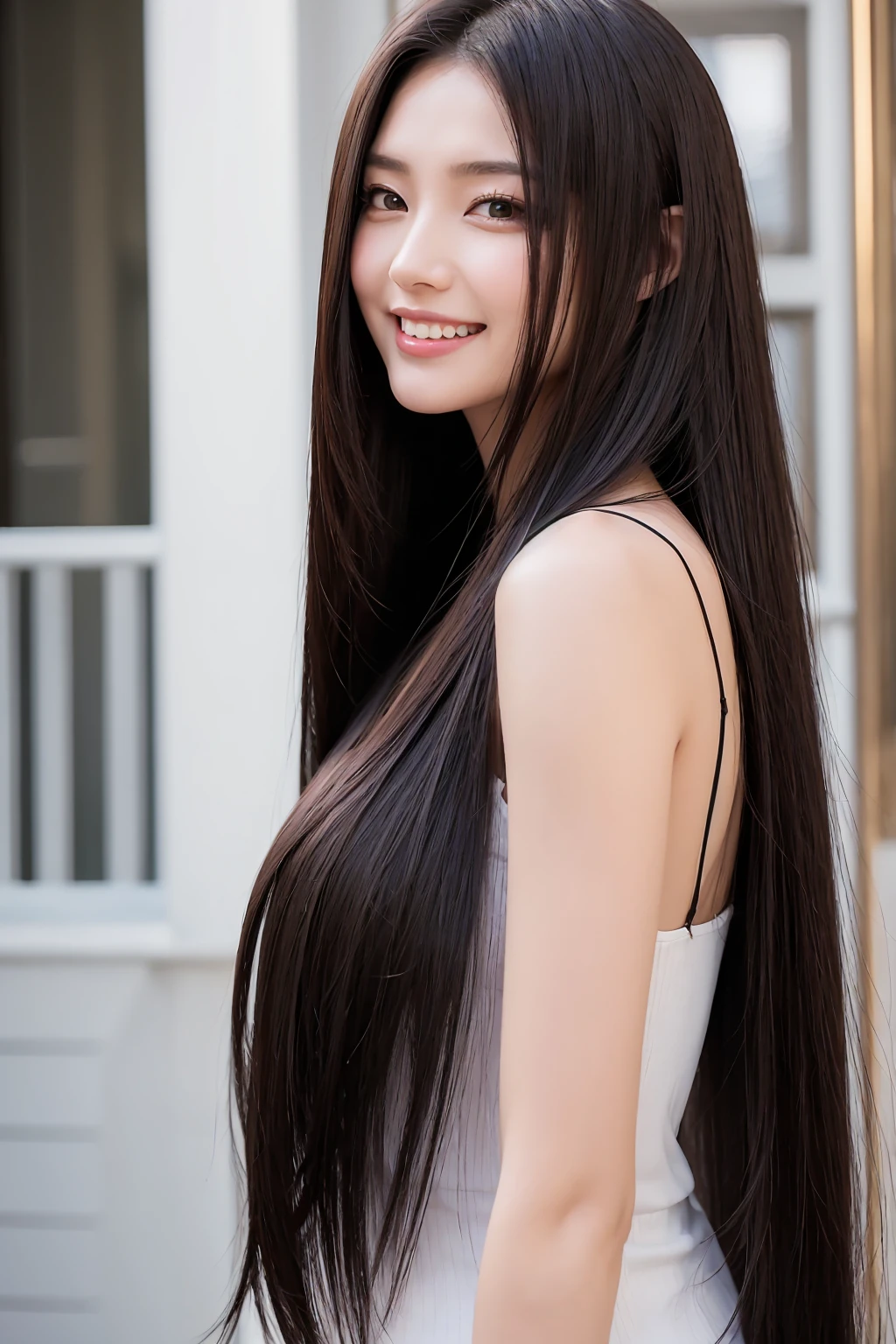 24-year-old female、Hair color is black、The eye color is dark brown、Super long hair、Straight hair、A slender but well-proportioned muscular woman、Laughter、I'Wearing a necklace、Wrist Accessories、Wearing transparent tops、I'm wearing high heels、Wear light pants、Laughter、wear a lace choker、I'm in a marble building、Too beautiful hair、shiny hair、Beautiful hair illuminated by the morning sun、White tank top、Large, slanted eyes、Cat face、Thigh-length hair