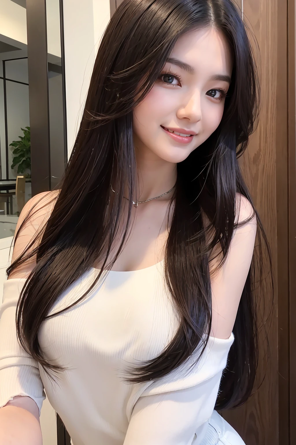 24-year-old female、Hair color is black、The eye color is dark brown、Super long hair、Straight hair、A slender but well-proportioned muscular woman、Laughter、I'Wearing a necklace、Wrist Accessories、Wearing transparent tops、I'm wearing high heels、Wear light pants、Laughter、wear a lace choker、I'm in a marble building、Too beautiful hair、shiny hair、Beautiful hair illuminated by the morning sun、White tank top、Large, slanted eyes、Cat face、Thigh-length hair