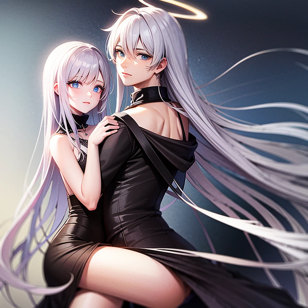 Male angel with blue eyes and white hair With halo and wings, anime style, Black clothes