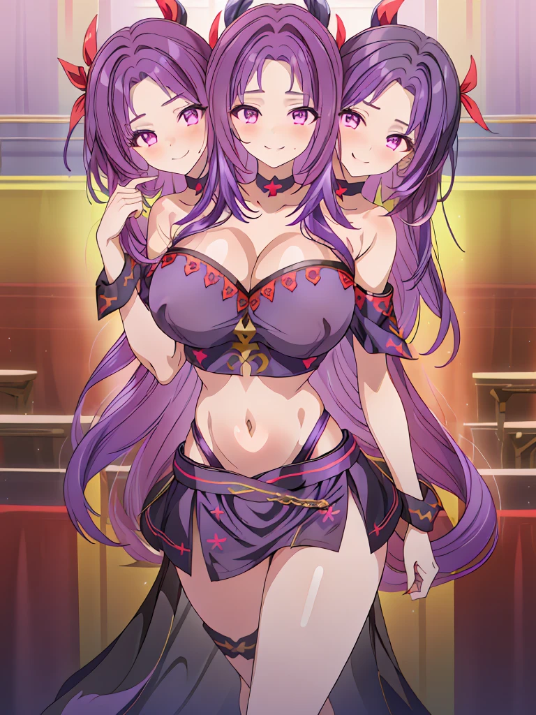 (masterpiece, best quality), best resolution, (3heads:1.5), 1girl, purple hair, long flowing hair, smiling, seductive smile, open belly, black crop top, dark purple miniskirt, open breasts, big tits, very huge tits, black headband, beautiful eyes, alluring presence,