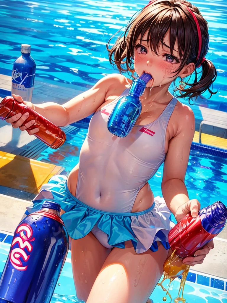 Highest quality,Highest Resolution,Several beautiful girls in brightly colored leotards and swimsuits with crying faces,Poolside at the competition pool,Very beautiful eyes,(((Drinking a bottle of drink))),Sweat profusely,Tears,(((Open your mouth wide and drool)))whole body,Super High Leg,Standing posture,