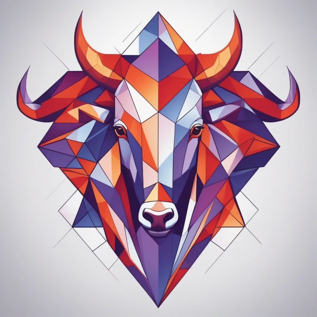 Fragmented Aries symbol, cubist-inspired artwork, energetic and avant-garde, multi-angled lighting, geometric shape composition, vibrant red, orange, and purple scheme, asymmetrical full front print, faceted gem-like texture, contemporary art enthusiast apparel, T-shirt design graphic, vector, contour, white background