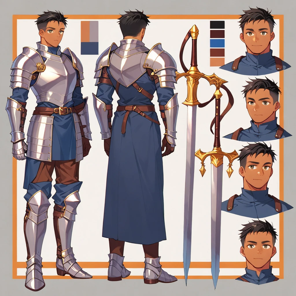 score_9, score_8_up, score_7_up, score_6_up, score_5_up, score_4_up, BREAK source_anime, 1girl, mid 20 ish, male, tan skinned, short black hair and short black facial hair, silver knight armor, knight, Creative design, full body, Reference sheet, Character sheet