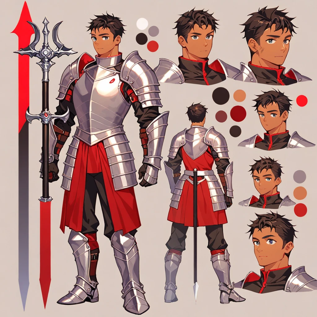 score_9, score_8_up, score_7_up, score_6_up, score_5_up, score_4_up, BREAK source_anime, 1girl, mid 20 ish, male, tan skinned, short black hair and short black facial hair, silver knight armor, knight, Creative design, full body, Reference sheet, Character sheet