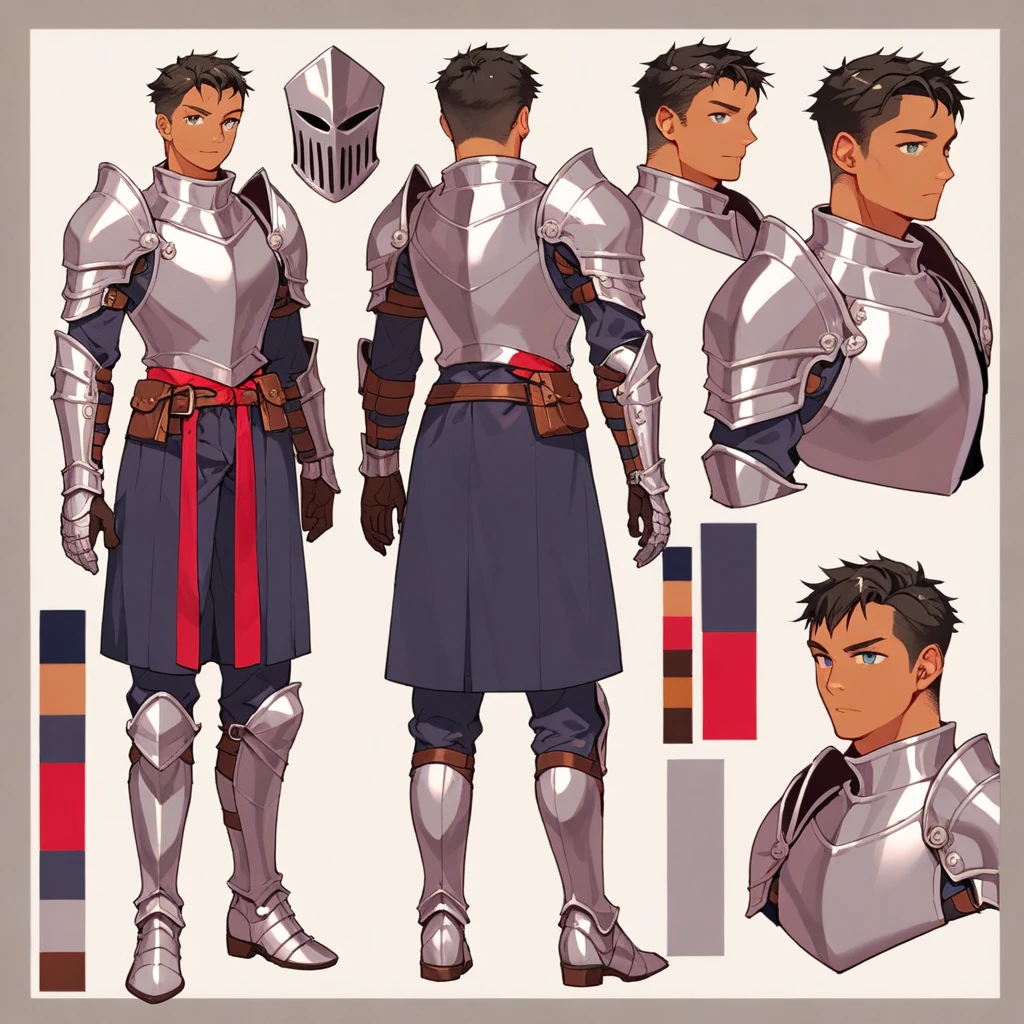 score_9, score_8_up, score_7_up, score_6_up, score_5_up, score_4_up, BREAK source_anime, 1girl, mid 20 ish, male, tan skinned, short black hair and short black facial hair, silver knight armor, knight, Creative design, full body, Reference sheet, Character sheet
