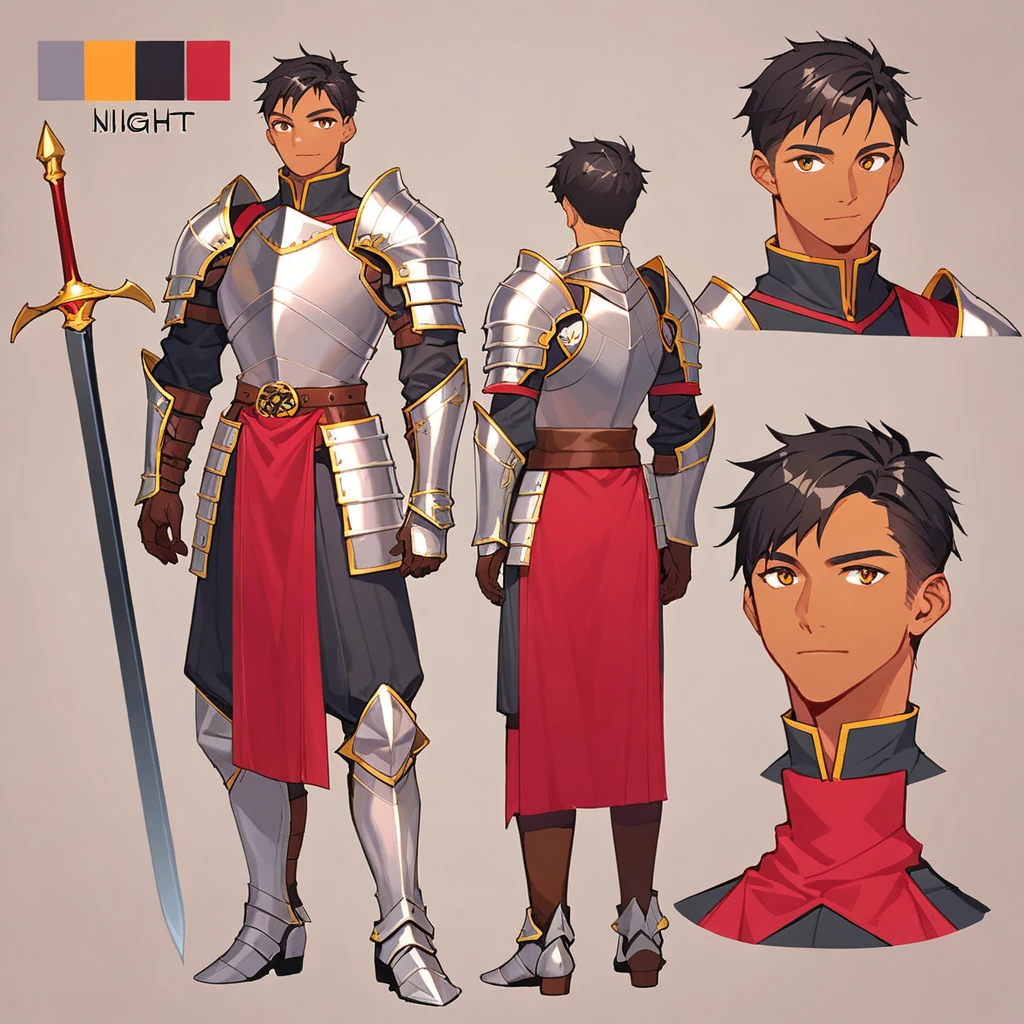 score_9, score_8_up, score_7_up, score_6_up, score_5_up, score_4_up, BREAK source_anime, 1girl, mid 20 ish, male, tan skinned, short black hair and short black facial hair, silver knight armor, knight, Creative design, full body, Reference sheet, Character sheet