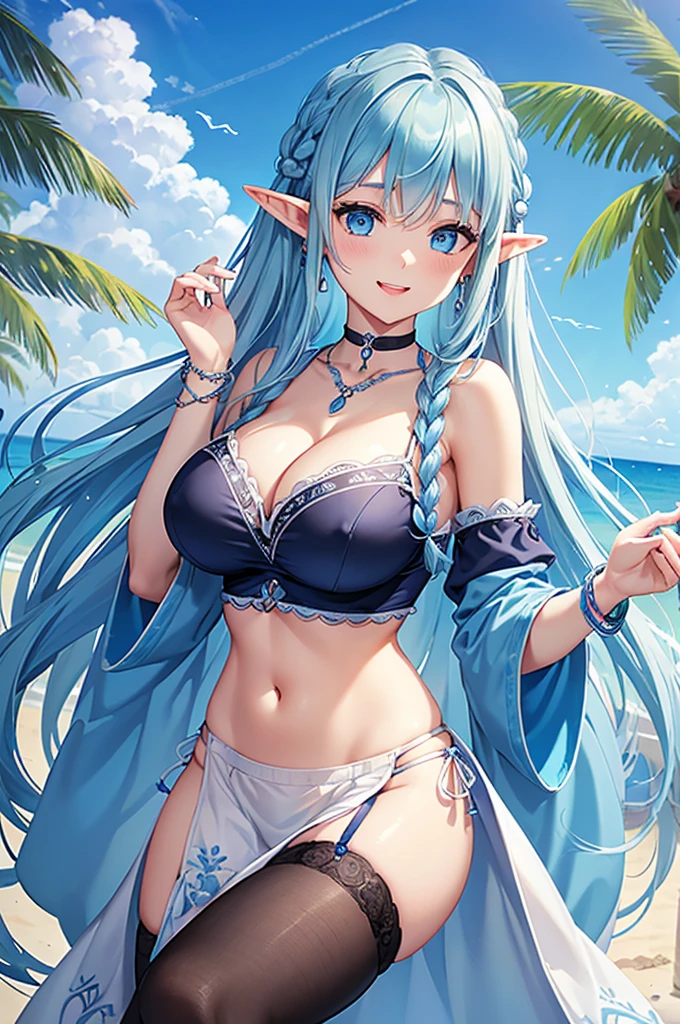 Highest quality、Highest quality、masterpiece、(8K resolution),beauty(Age 25)、(Mature Appearance)、Light blue long hair(Braiding of the sides)、blue eyes、(Detailed embroidered underwear)、(Elf)、Big cleavage、((Big Breasts))、smile、blue necklace、Blue Earrings、background(Beach)、Please open your mouth wide、bracelet、Dynamic pose、Blue choker、Black tights