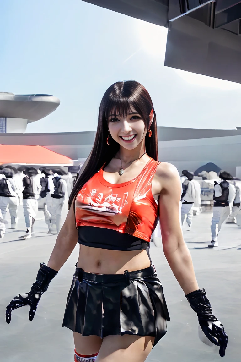 (One girl:1.3), (Tifa Lockhart (Final Fantasy VII):1.3), (Cosplayers:1.2), (At Comiket in Tokyo:1.3), (cute:1.2), (Mixing 2D and 3D:1.2), (3D Model Elements:1.1), (Anime Style:1.2), (Very detailed:1.3), (so beautiful:1.2), (最high quality:1.3), (Great quality:1.3), (Absurd:1.2), (Beautiful Face:1.2), (Perfect Eyes:1.1), (Perfect Nose:1.1), (Perfect Mouth:1.1), (Perfect Skin:1.1), (Perfect Hair:1.2), (Long Hair:1.1), (Black Hair:1.1), (bangs:1.1), (Tight clothing:1.1), (Large Breasts:1.1), (Cleavage:1.1), (White tank top:1.2), (Black mini skirt:1.2), (Black shorts:1.1), (Red gloves:1.1), (Earrings:1.1), (Dynamic pose:1.3), (smile:1.1), (Bright colors:1.1), (Vibrant:1.1), (Depth of written boundary:1.2), (Volumetric lighting:1.3), (Lens flare:1.1), (bloom:1.1), (Golden Ratio:1.2), (8K:1.2), (Ultra-high resolution:1.2), (high quality:1.3), (RAW Photos:1.2), (Realistic:1.2), (Digital SLR:1.1), (Fujifilm XT3:1.1), (Professional photography:1.3), (Professional makeup:1.2), (Inside the bustling Tokyo Big Sight Convention Center:1.3), (Comiket 100 signboard:1.2), (crowds of Cosplayerss and attendees visible in background:1.2), (Bright and colorful banners and booths:1.1), (People who own anime goods々:1.1), (Detailed Background:1.3)