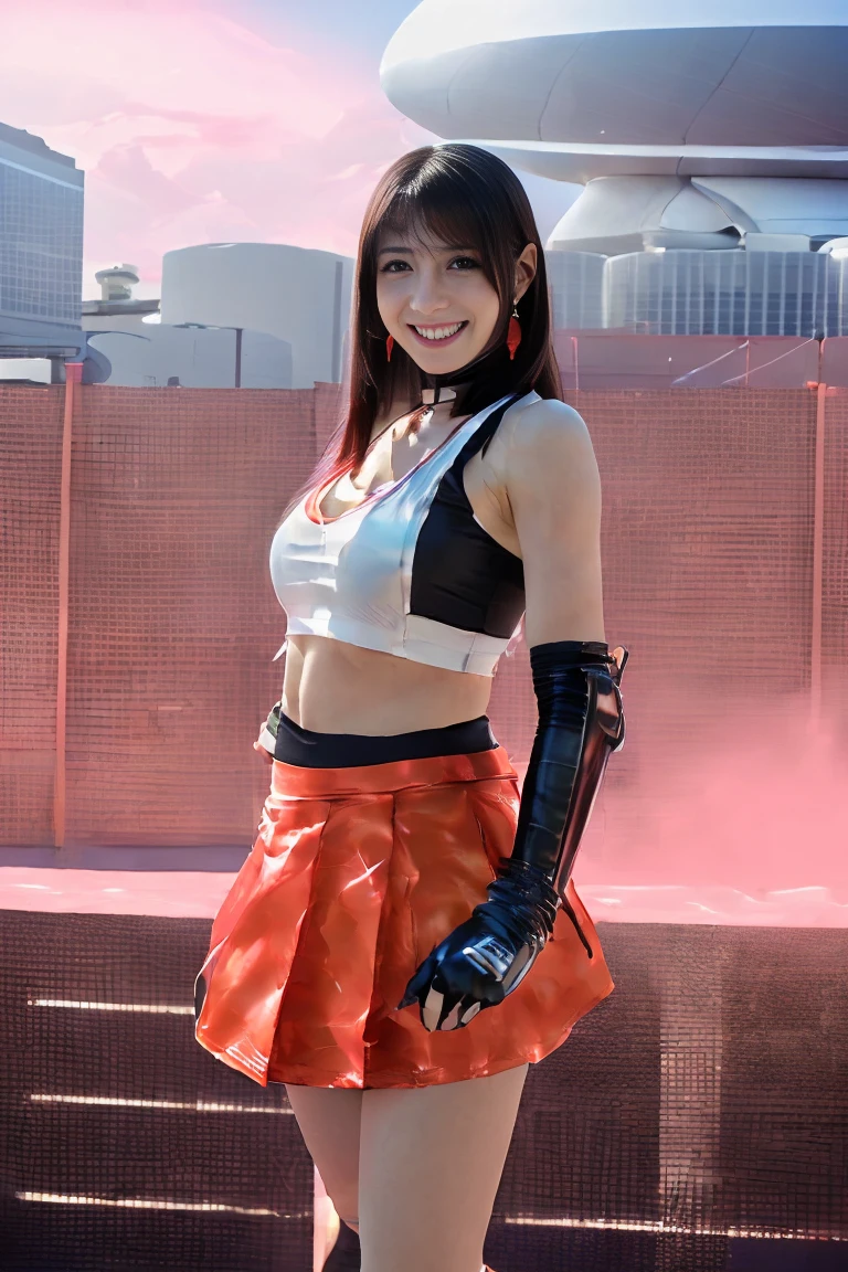 (One girl:1.3), (Tifa Lockhart (Final Fantasy VII):1.3), (Cosplayers:1.2), (At Comiket in Tokyo:1.3), (cute:1.2), (Mixing 2D and 3D:1.2), (3D Model Elements:1.1), (Anime Style:1.2), (Very detailed:1.3), (so beautiful:1.2), (最high quality:1.3), (Great quality:1.3), (Absurd:1.2), (Beautiful Face:1.2), (Perfect Eyes:1.1), (Perfect Nose:1.1), (Perfect Mouth:1.1), (Perfect Skin:1.1), (Perfect Hair:1.2), (Long Hair:1.1), (Black Hair:1.1), (bangs:1.1), (Tight clothing:1.1), (Large Breasts:1.1), (Cleavage:1.1), (White tank top:1.2), (Black mini skirt:1.2), (Black shorts:1.1), (Red gloves:1.1), (Earrings:1.1), (Dynamic pose:1.3), (smile:1.1), (Bright colors:1.1), (Vibrant:1.1), (Depth of written boundary:1.2), (Volumetric lighting:1.3), (Lens flare:1.1), (bloom:1.1), (Golden Ratio:1.2), (8K:1.2), (Ultra-high resolution:1.2), (high quality:1.3), (RAW Photos:1.2), (Realistic:1.2), (Digital SLR:1.1), (Fujifilm XT3:1.1), (Professional photography:1.3), (Professional makeup:1.2), (Inside the bustling Tokyo Big Sight Convention Center:1.3), (Comiket 100 signboard:1.2), (crowds of Cosplayerss and attendees visible in background:1.2), (Bright and colorful banners and booths:1.1), (People who own anime goods々:1.1), (Detailed Background:1.3)