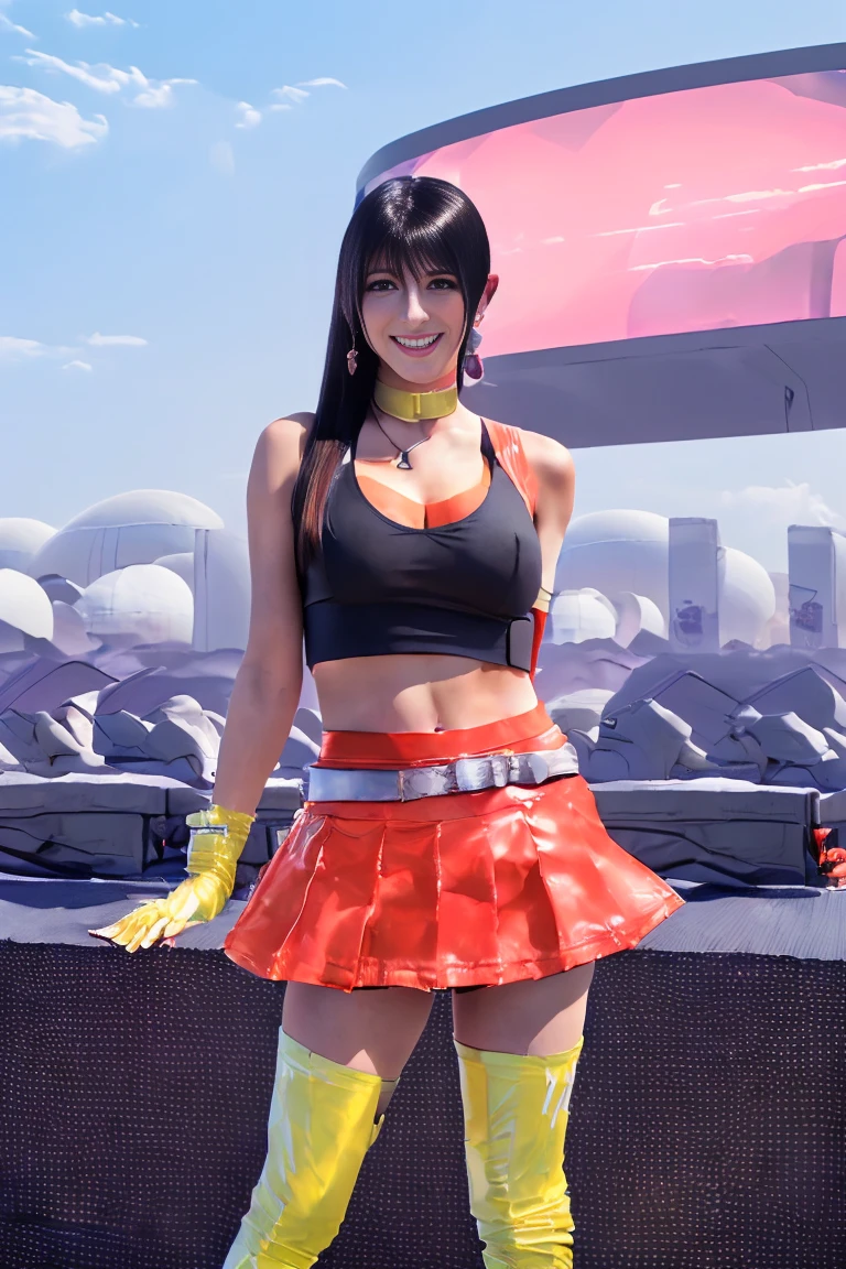 (One girl:1.3), (Tifa Lockhart (Final Fantasy VII):1.3), (Cosplayers:1.2), (At Comiket in Tokyo:1.3), (cute:1.2), (Mixing 2D and 3D:1.2), (3D Model Elements:1.1), (Anime Style:1.2), (Very detailed:1.3), (so beautiful:1.2), (最high quality:1.3), (Great quality:1.3), (Absurd:1.2), (Beautiful Face:1.2), (Perfect Eyes:1.1), (Perfect Nose:1.1), (Perfect Mouth:1.1), (Perfect Skin:1.1), (Perfect Hair:1.2), (Long Hair:1.1), (Black Hair:1.1), (bangs:1.1), (Tight clothing:1.1), (Large Breasts:1.1), (Cleavage:1.1), (White tank top:1.2), (Black mini skirt:1.2), (Black shorts:1.1), (Red gloves:1.1), (Earrings:1.1), (Dynamic pose:1.3), (smile:1.1), (Bright colors:1.1), (Vibrant:1.1), (Depth of written boundary:1.2), (Volumetric lighting:1.3), (Lens flare:1.1), (bloom:1.1), (Golden Ratio:1.2), (8K:1.2), (Ultra-high resolution:1.2), (high quality:1.3), (RAW Photos:1.2), (Realistic:1.2), (Digital SLR:1.1), (Fujifilm XT3:1.1), (Professional photography:1.3), (Professional makeup:1.2), (Inside the bustling Tokyo Big Sight Convention Center:1.3), (Comiket 100 signboard:1.2), (crowds of Cosplayerss and attendees visible in background:1.2), (Bright and colorful banners and booths:1.1), (People who own anime goods々:1.1), (Detailed Background:1.3)