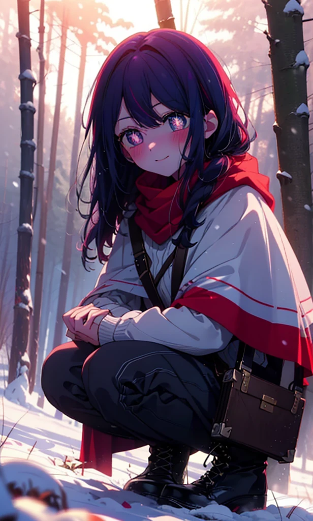 aihoshino, Ai Hoshino, Long Hair, bangs, (Purple eyes:1.1), Purple Hair, (Symbol-shaped pupil:1.5), smile,,smile,blush,White Breath,
Open your mouth,snow,Ground bonfire, Outdoor, boots, snowing, From the side, wood, suitcase, Cape, Blurred, , forest, White handbag, nature, Squat, Mouth closed, Cape, winter, Written boundary depth, Black shoes, red Cape break looking at viewer, Upper Body, whole body, break Outdoor, forest, nature, break (masterpiece:1.2), Highest quality, High resolution, unity 8k wallpaper, (shape:0.8), (Beautiful and beautiful eyes:1.6), Highly detailed face, Perfect lighting, Extremely detailed CG, (Perfect hands, Perfect Anatomy),