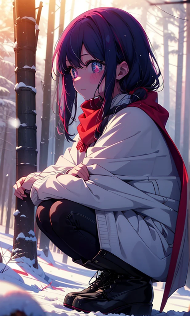 aihoshino, Ai Hoshino, Long Hair, bangs, (Purple eyes:1.1), Purple Hair, (Symbol-shaped pupil:1.5), smile,,smile,blush,White Breath,
Open your mouth,snow,Ground bonfire, Outdoor, boots, snowing, From the side, wood, suitcase, Cape, Blurred, , forest, White handbag, nature,  Squat, Mouth closed, Cape, winter, Written boundary depth, Black shoes, red Cape break looking at viewer, Upper Body, whole body, break Outdoor, forest, nature, break (masterpiece:1.2), Highest quality, High resolution, unity 8k wallpaper, (shape:0.8), (Beautiful and beautiful eyes:1.6), Highly detailed face, Perfect lighting, Extremely detailed CG, (Perfect hands, Perfect Anatomy),