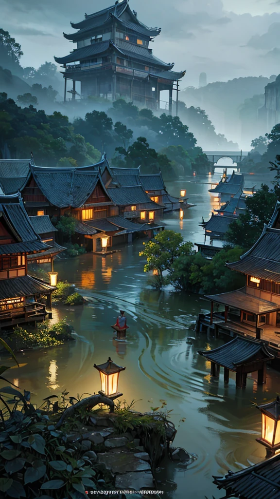 Close-up of a mobile phone with a picture of a river, flooded fishing village, Graveyard Raider Settings, . background: forest river, old asian village, flooded city, Thiti Luatthong, Thai art, flooded, The scene is very detailed., explanations, Monsoon on a tropical island, flood, detailed art scenery, amazing wallpaper, Temple scene submerged in water, floods