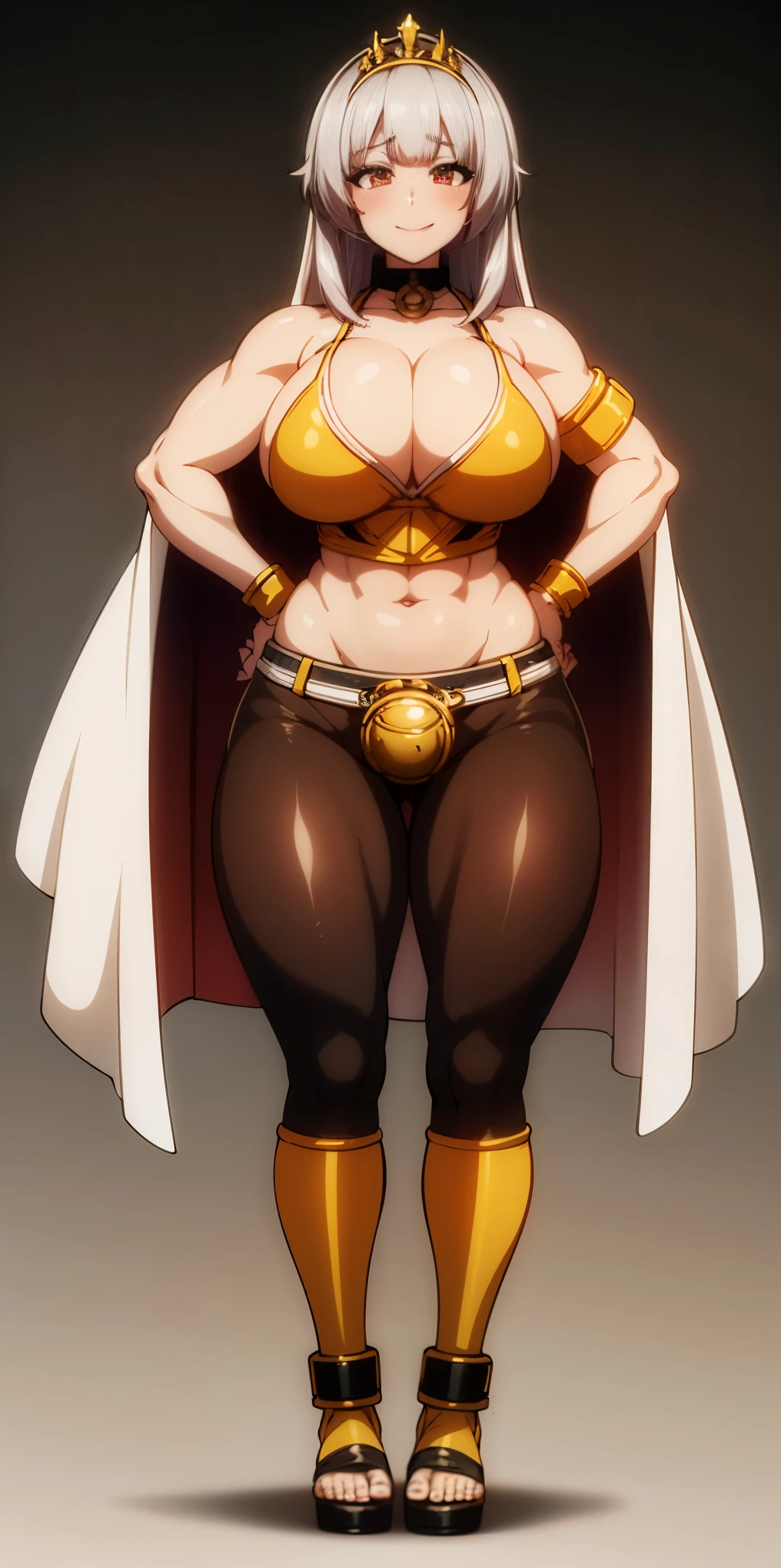 ((BLACK BACKGROUND,1:2, masterpiece)) full body MILF BIMBO standing with two long thighs and two metal sandals, red eyes, two-tone hair, brown hair, silver white hair, short bob style hair, big breasts, cleavage, separate sleeves, tiara royal, long cape up to two feet, yellow bikini, hands on waist, navel, toned body, lustful smirking smiling, smile face (red blushed, red cheeks), metal shoulders, gold sleeveless armbands, black leather choker slave collar (leather choker with big golden bell), shackle bracelets, red crest, pauldrons, breastplate, leather corset, eye focus, full body, whole body, 1solo, loincloth standing, hands on hips, big belt, view from below, feet together, bracers, tiara)