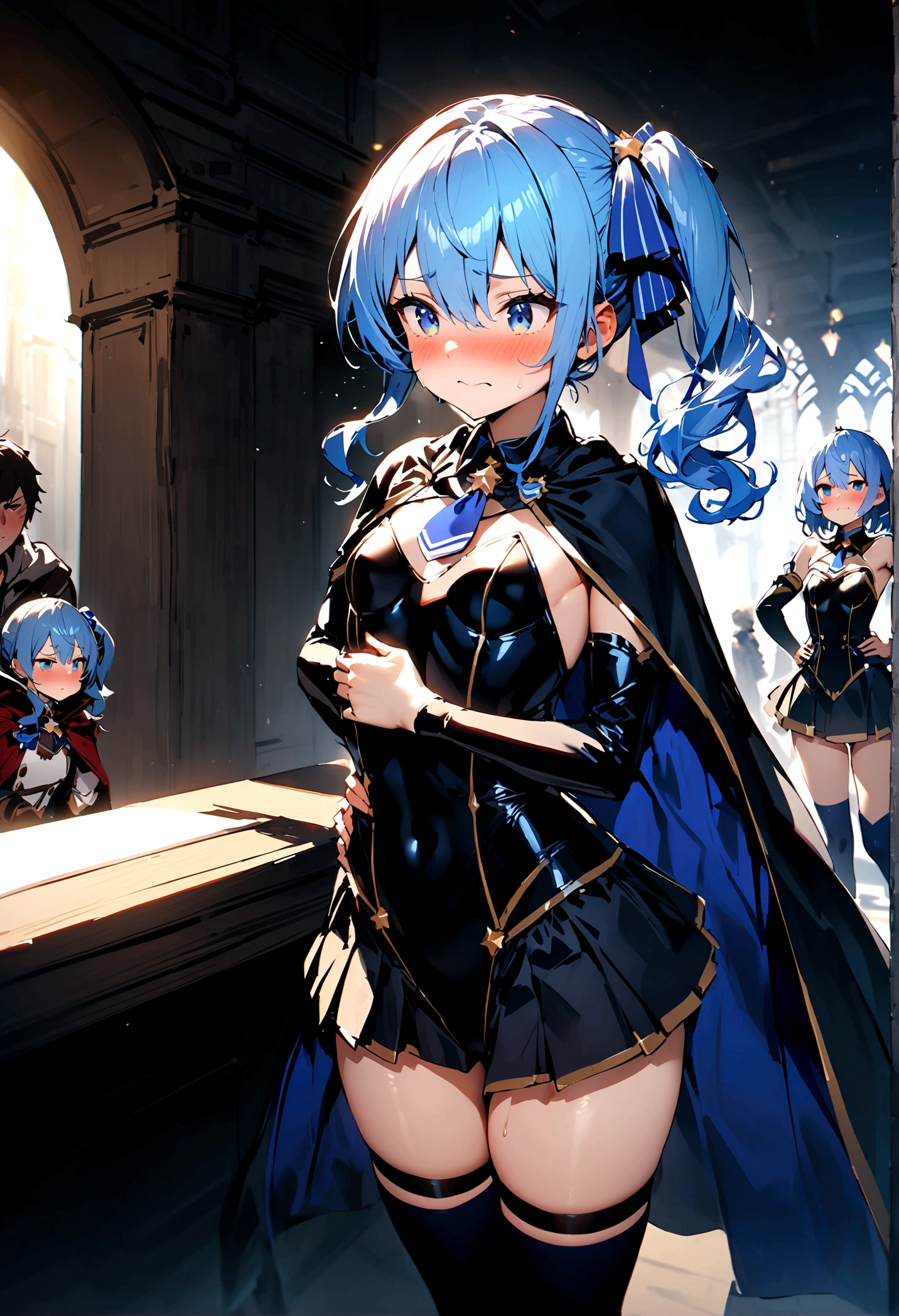 NSFW,masterpiece,Highest quality,High resolution,Super detailed,Star Town Suisei\(Hololive\),Blue Hair,One Side Ponytail,Blue Eyes,Small breasts,leotard,Removable sleeves,Micro Mini Skirt,Knee-high socks,Cape,Adventurer&#39;s Guild,Reception counter,Embarrassed,blush,Expecting face,(Strong-faced men),A man puts his hands on her waist and hugs her,(Molester)