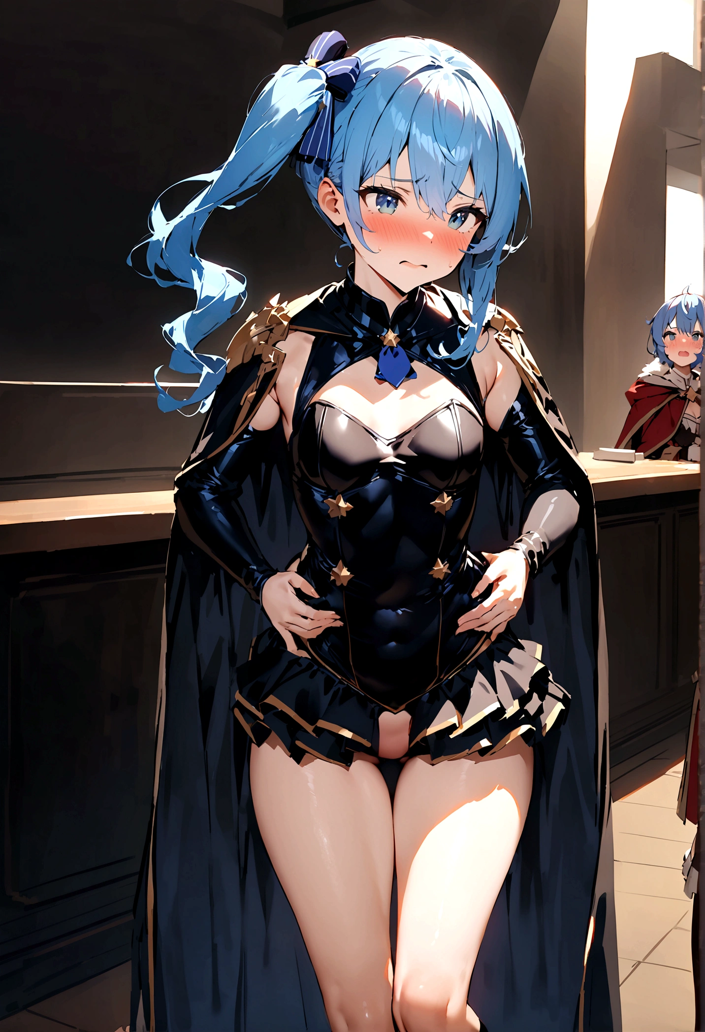 NSFW,masterpiece,Highest quality,High resolution,Super detailed,Star Town Suisei\(Hololive\),Blue Hair,One Side Ponytail,Blue Eyes,Small breasts,leotard,Removable sleeves,Micro Mini Skirt,Knee-high socks,Cape,Adventurer's Guild,Reception counter,Embarrassed,blush,Expecting face,(Strong-faced men),A man puts his hands on her waist and hugs her,(Molester)