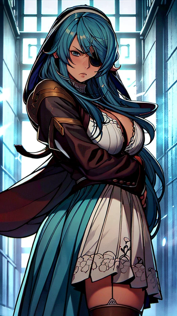 High detailed, 1 girl, sigui, sigui's hairstyle aegean-blue colored hair, detailed Cyan eye, eyepatch, busty, huge And round buson, Orange sattela's clothes, sattela's Long skirt, violent face, very angry face, eyepatch, eyepatch, eyepatch, looking to the viewer, several sparks