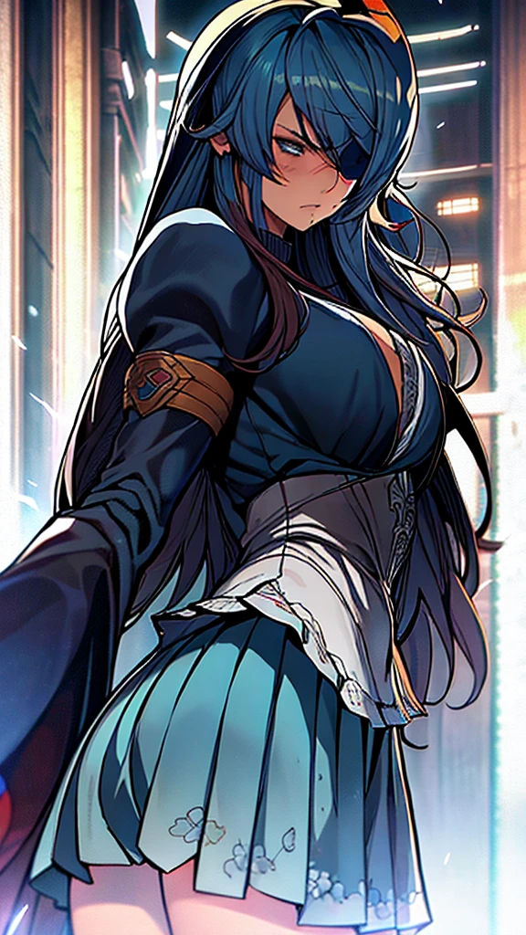 High detailed, 1 girl, sigui, sigui's hairstyle aegean-blue colored hair, detailed Cyan eye, eyepatch, busty, huge And round buson, Orange sattela's clothes, sattela's Long skirt, violent face, very angry face, eyepatch, eyepatch, eyepatch, looking to the viewer, several sparks