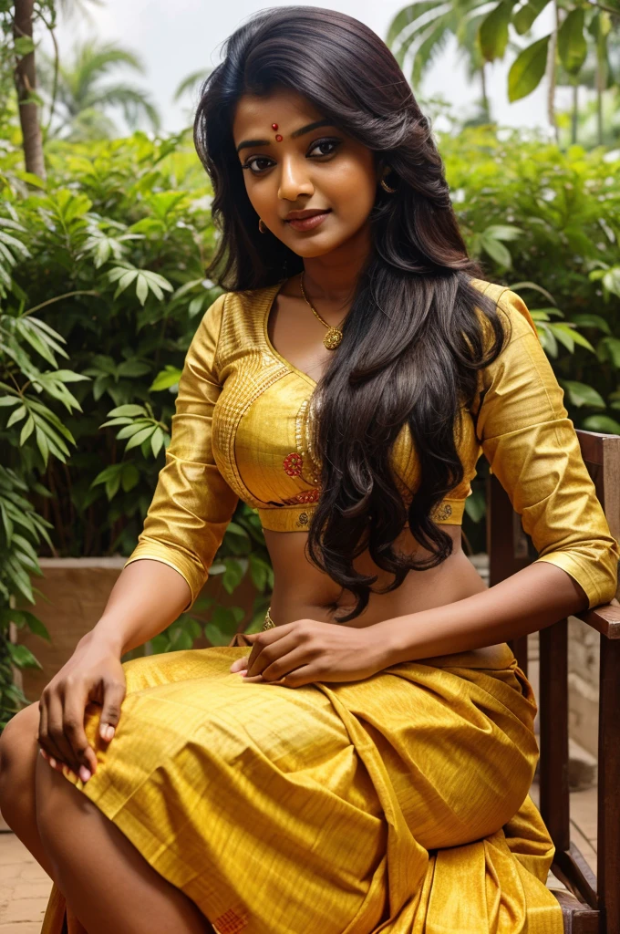 (best quality, masterpiece:1.2), detailed, perfect face, tamil 30-year-old woman in yellow mini skirt and high heels, oil painting, vibrant colors, natural lighting, beautiful detailed eyes, beautiful detailed lips, long eyelashes, confident expression, striking pose, dynamic background