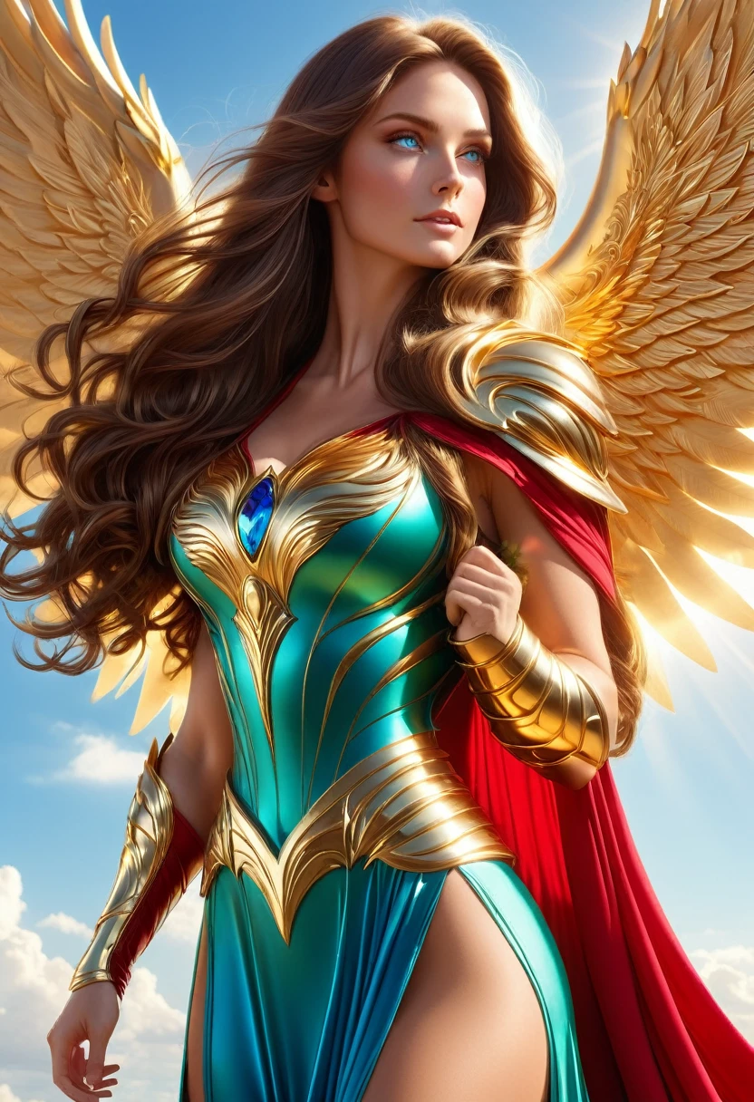 LOVELY WINGGED WOMAN, GOLD HUGE WINGS, HUGE LONG BROWN HAIR, TANNING SKIN BLUE EYES, HIGH CHEEKBONES, ROSY CHEEKS, MENTAL FORAMEN, HUGE LONG HAIR, VOLUMOUS HAIR, RED GREEN LONG DRESS, GOLD GAUNTLETS, ATHLETIC BODY, SIDE BODY VIEW, HEAVEN, SUNLIGHT, BACKLIGHTS, , BLUE SKY, DAYLIGHT, ACCURATE IMAGE, MASTERPIECE.