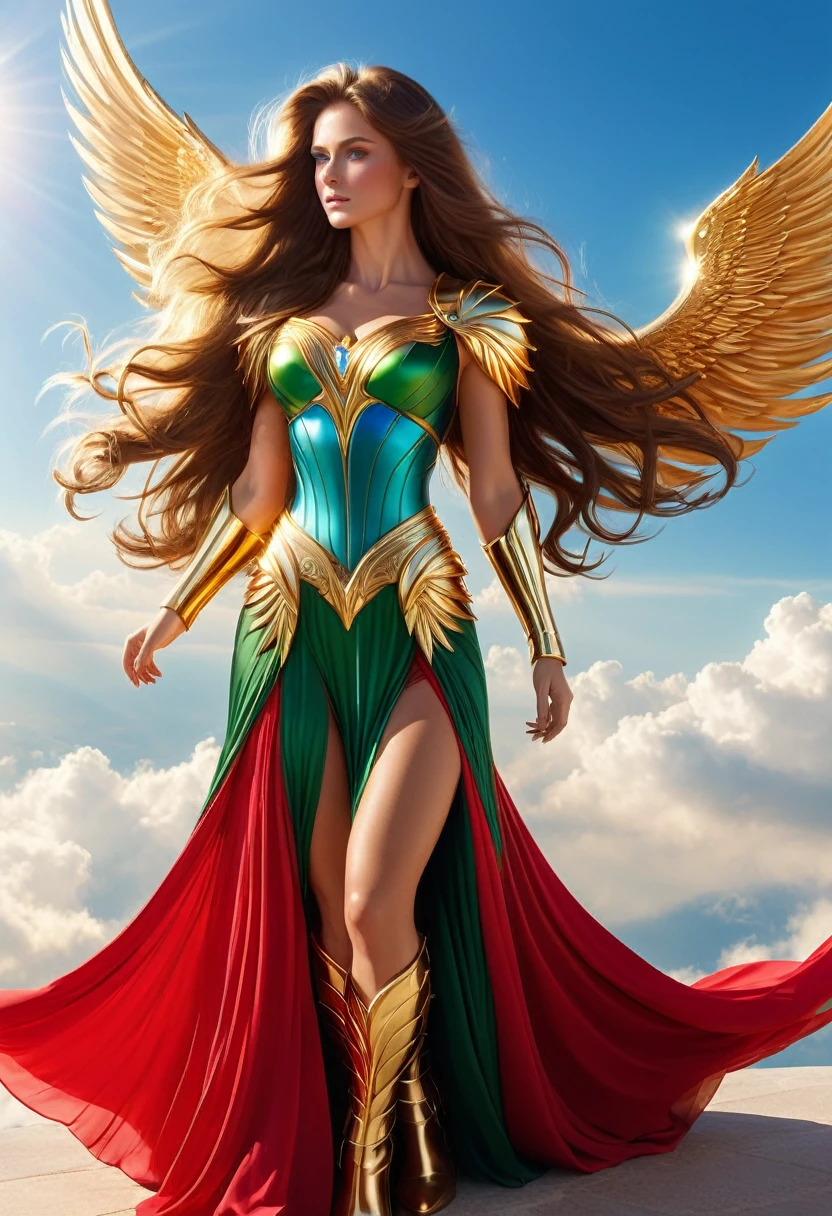 LOVELY WINGGED WOMAN, GOLD HUGE WINGS, HUGE LONG BROWN HAIR, TANNING SKIN BLUE EYES, HIGH CHEEKBONES, ROSY CHEEKS, MENTAL FORAMEN, HUGE LONG HAIR, VOLUMOUS HAIR, RED GREEN LONG DRESS, GOLD GAUNTLETS, ATHLETIC BODY, SIDE BODY VIEW, HEAVEN, SUNLIGHT, BACKLIGHTS, , BLUE SKY, DAYLIGHT, ACCURATE IMAGE, MASTERPIECE.