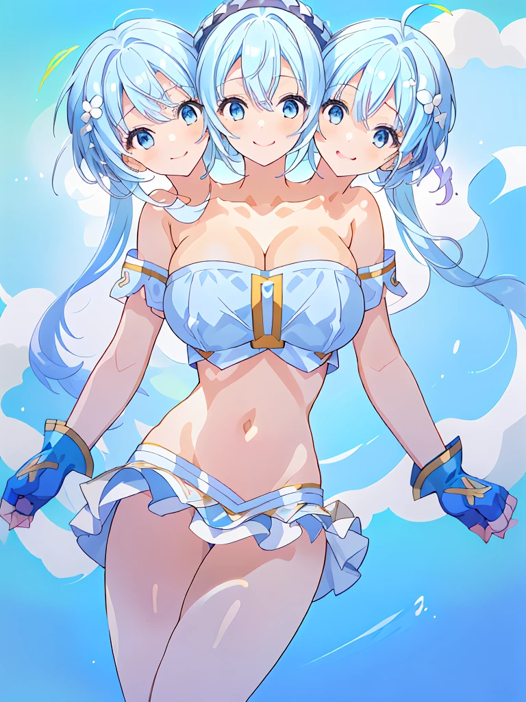 (masterpiece, best quality), best resolution, (3heads:1.5), 1girl, light blue hair, fingerless gloves, smiling, soft smile, open belly, white-blue crop top, blue-white miniskirt, open breasts, huge tits, sexy pose, hair length until shoulders, headband,