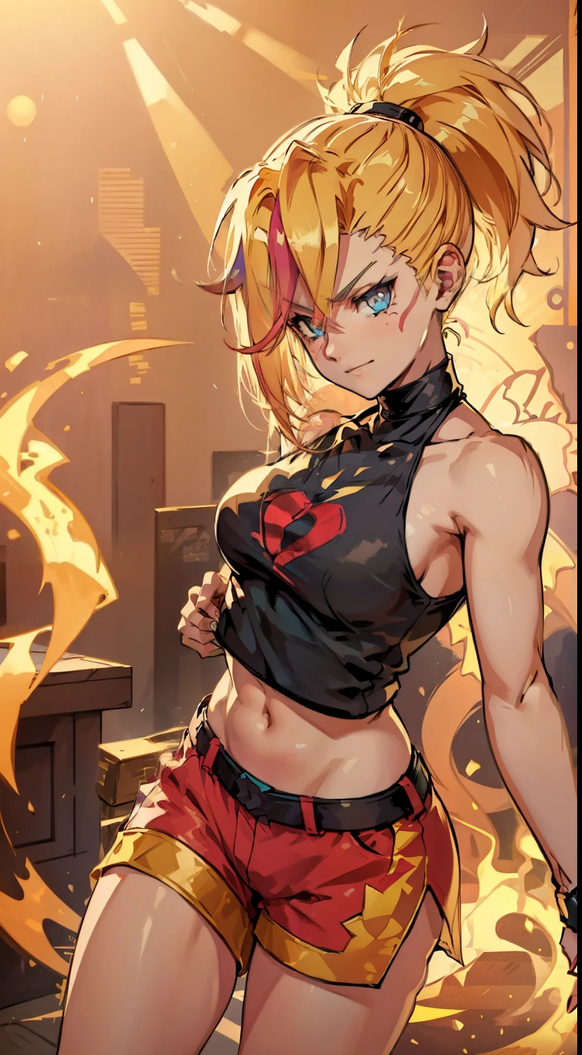young girl, longue blonde hair, Hairpin with a bundle, turquoise eyes, Yakuza tattoos, red tight uniform, Sleeveless, Wide neckline on the chest to the abdomen, Gold Elements, Red gold armor, Shorts, claws, smirk, Masterpiece, hiquality, 4k, HD, Good detail