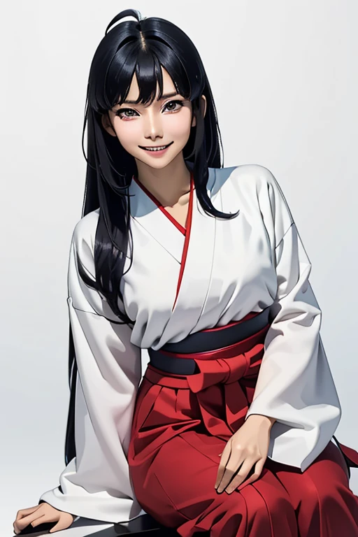 Highest quality　High resolution　Simple　Shrine maiden服　Long bangs　Adult female　Shrine maiden　Loose expression　cute　smile　Scarlet Hakama　Beautiful Eyes　One Woman　Long side hair　Very black hair　Shiny long hair　Straight hair　Ahoge　Wide sleeves　Long hem　cute目　White Background