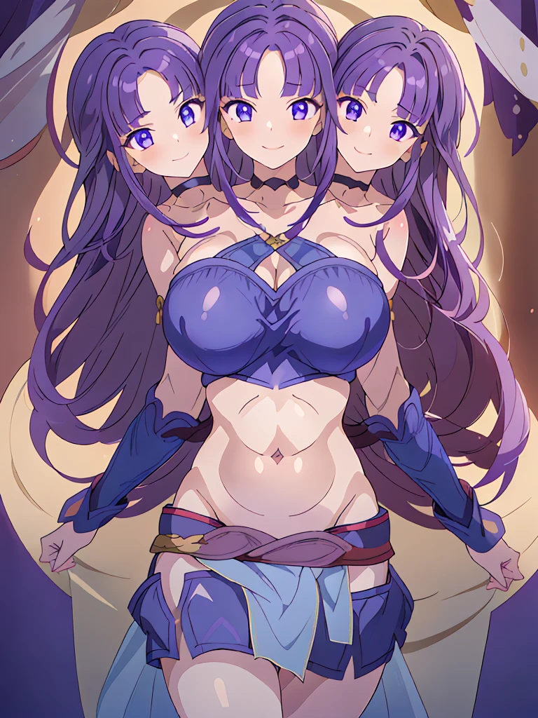 (masterpiece, best quality), best resolution, (3heads:1.5), 1girl, dark purple hair, flowing hair, smiling, soft smile, open belly, dark blue-purple crop top, purple-dark blue miniskirt, open breasts, huge tits, sexy pose, beautiful eyes, headband, blue eyes, alluring presence, beautiful eyes, detailed eyes,
