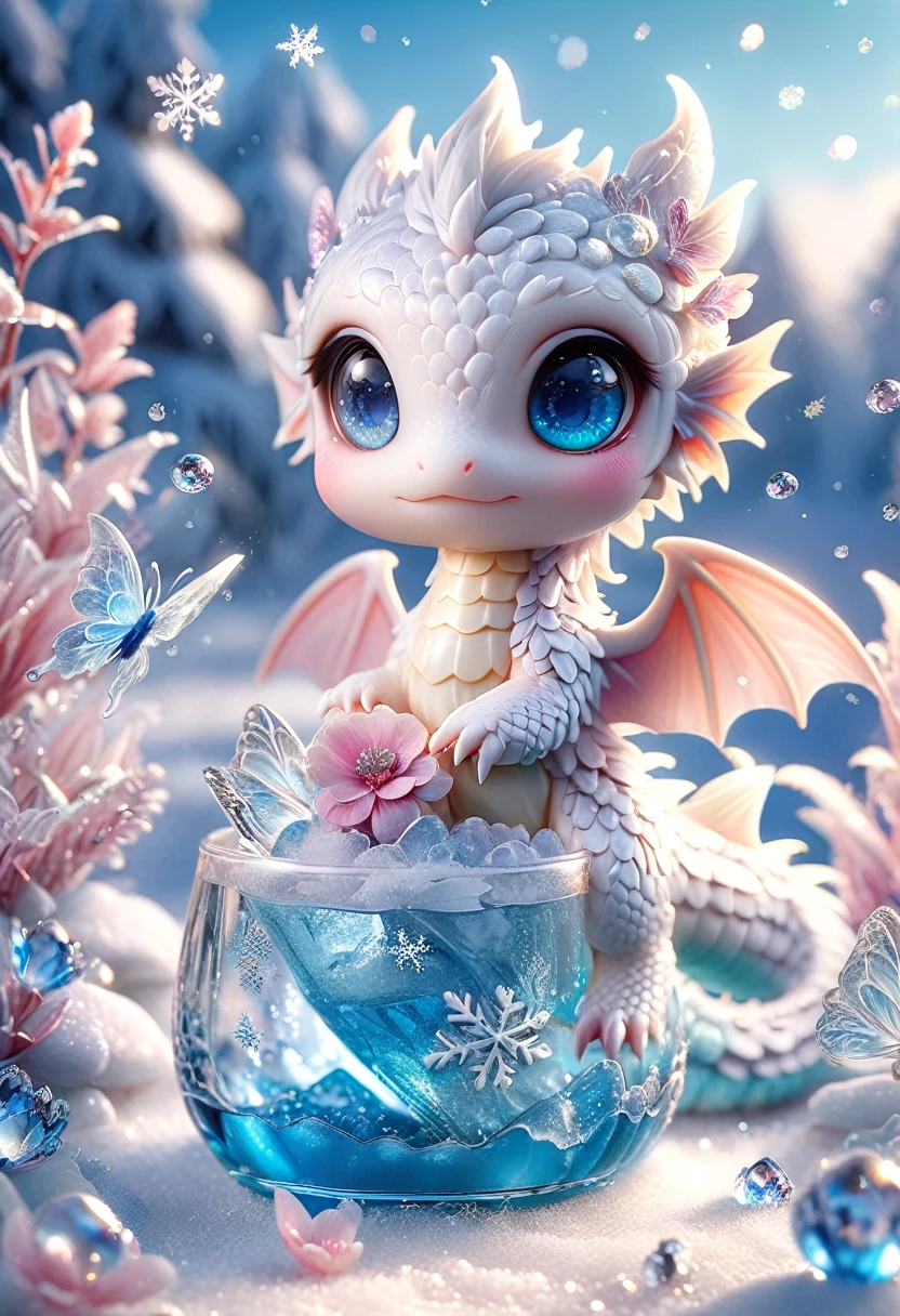 Ultra detailed, HDR, Highres, absurdres, master piece, white dragon, expressive blue eyes, small dragon, glass, ice glittering butterflies, ice, petals, pink ice glass flowers, cute, glittering, water, fantasy, magical, snowflakes, cold