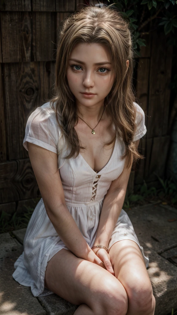 Aerith, wearing white short dress, sitting showing legs