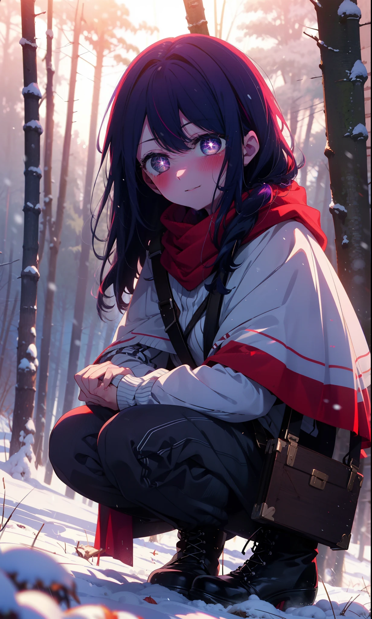 aihoshino, Ai Hoshino, Long Hair, bangs, (Purple eyes:1.1), Purple Hair, (Symbol-shaped pupil:1.5), smile,,smile,blush,White Breath,
Open your mouth,snow,Ground bonfire, Outdoor, boots, snowing, From the side, wood, suitcase, Cape, Blurred, , forest, White handbag, nature,  Squat, Mouth closed, Cape, winter, Written boundary depth, Black shoes, red Cape break looking at viewer, Upper Body, whole body, break Outdoor, forest, nature, break (masterpiece:1.2), Highest quality, High resolution, unity 8k wallpaper, (shape:0.8), (Beautiful and beautiful eyes:1.6), Highly detailed face, Perfect lighting, Extremely detailed CG, (Perfect hands, Perfect Anatomy),