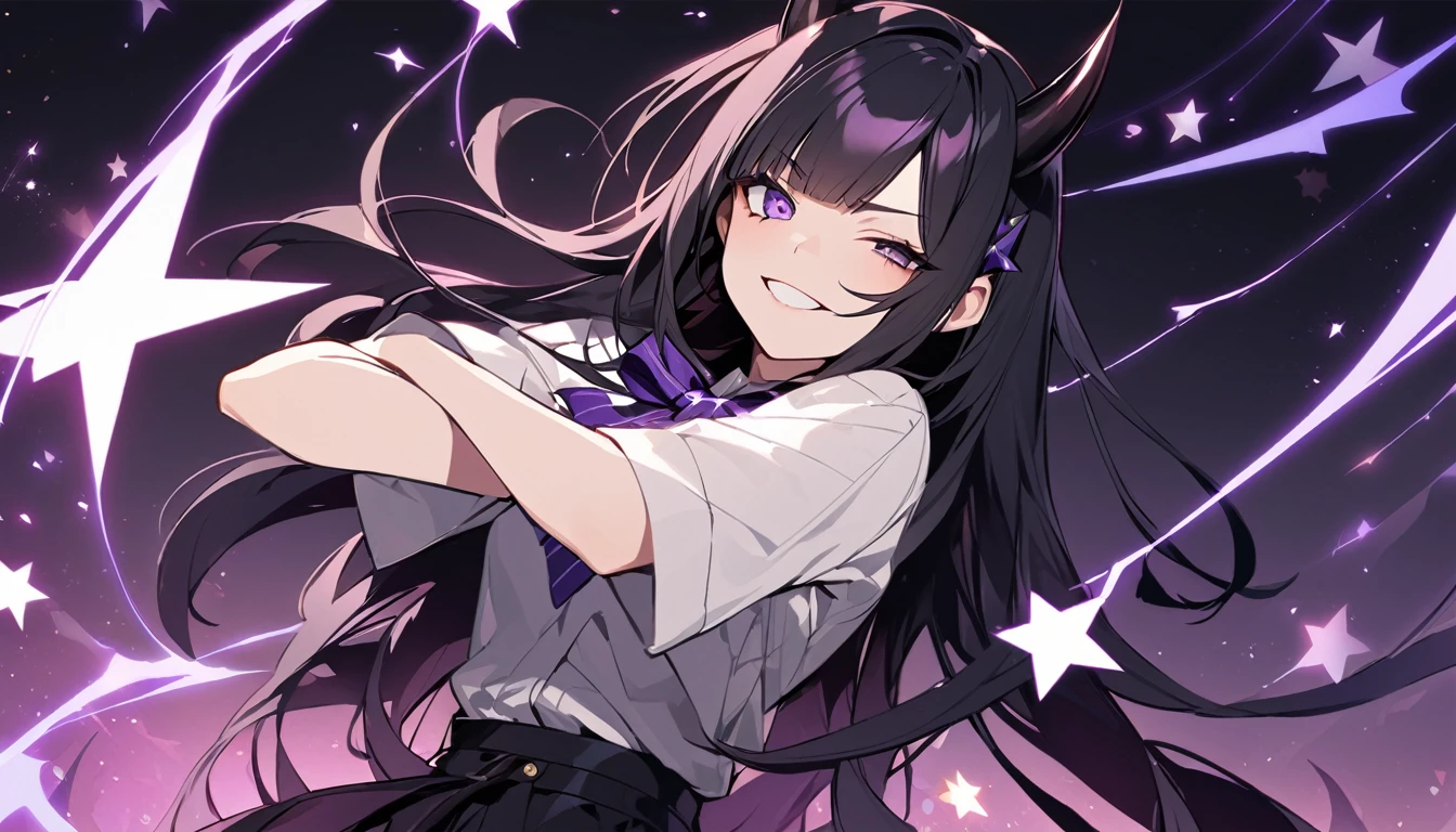 A girl with long black hair with straight bangs, with hair cut at the ends. Two large strands in the front, one bigger than the other. A rebel thread. A small white streak in your bangs. Two demon horns, one purple and one black, both with a dark purple star. one black eye and one purple eye. A purple star on your right cheek. black wide pants. All star shoe. Full white shirt with a bow tie with a star in the middle, with short sleeves. a big chest . Grinning. She is a star demon. She is standing looking at the camera. In one of his eyes a star in the black eye case, in the black eye and just black. Sex girl. Sex girl. One black eye and one purple eye. She is waiting for something with her arms crossed.