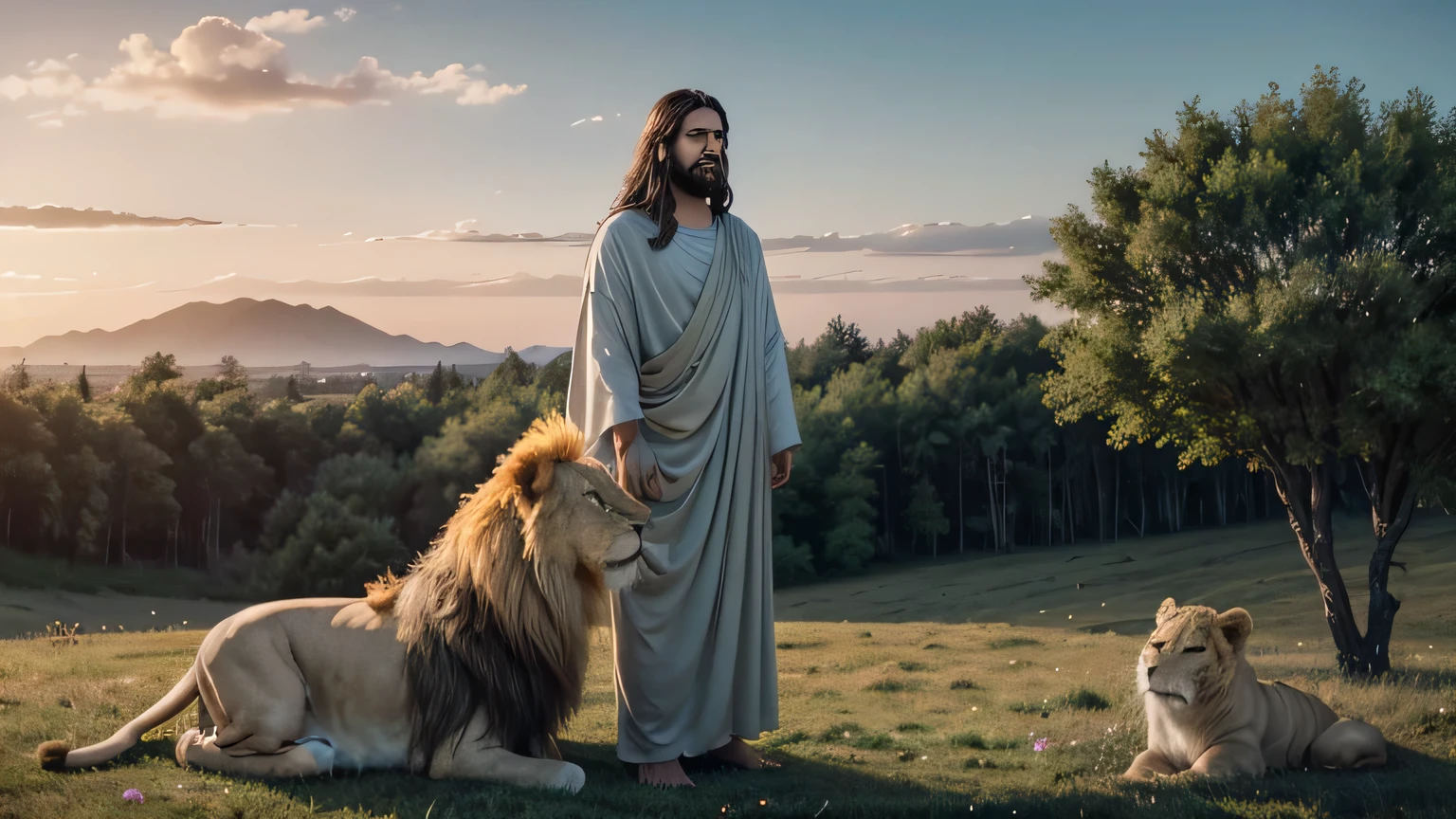 Create an image of Jesus Christ in a serene and peaceful landscape. Jesus must be in a leadership position, with a soft and loving expression. Next to you, a majestic lion must be present, appearing calm and friendly. The interaction between Jesus and the lion should convey a sense of harmony and protection. The scenery can include natural elements such as trees, flowers and a sky at dusk, to give a feeling of tranquility and spirituality.