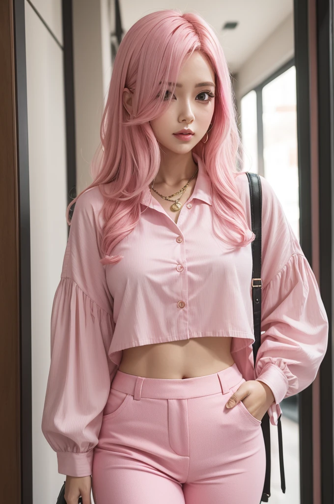 Pink hair Pink eye Pink blouse Pink pants