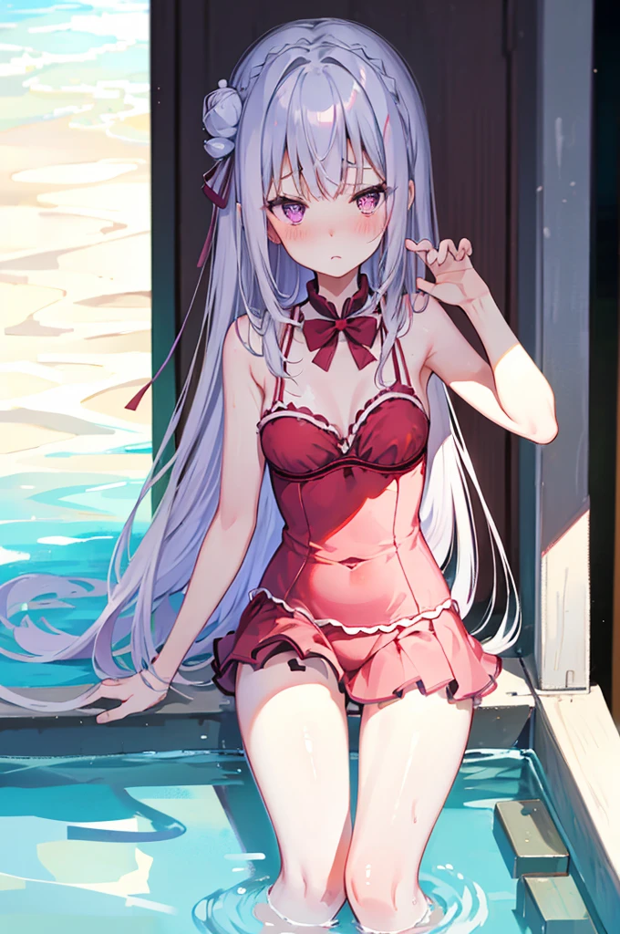 Red bikini、Sexy bikini、Random pose、Polka dot bikini、Red polka dot bikini、Light silver hair、Semi-long hair、Random pose、School swimming pool、Blushing、Embarrassed expression、、Pale purple eyes、、Blushing、lipstick、Perfect hands、Detailed hands、