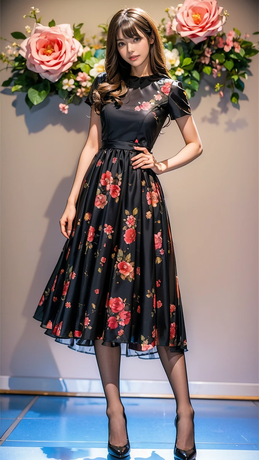 ((masterpiece)),(((Highest quality))),Thin thighs,Long legs,whole body:1.5，(One Girl:1.3),(Black pantyhose and thick pointy heels：1.3),(Wearing a floral long skirt dress:1.2),Short Blonde:1.2、Model pose，